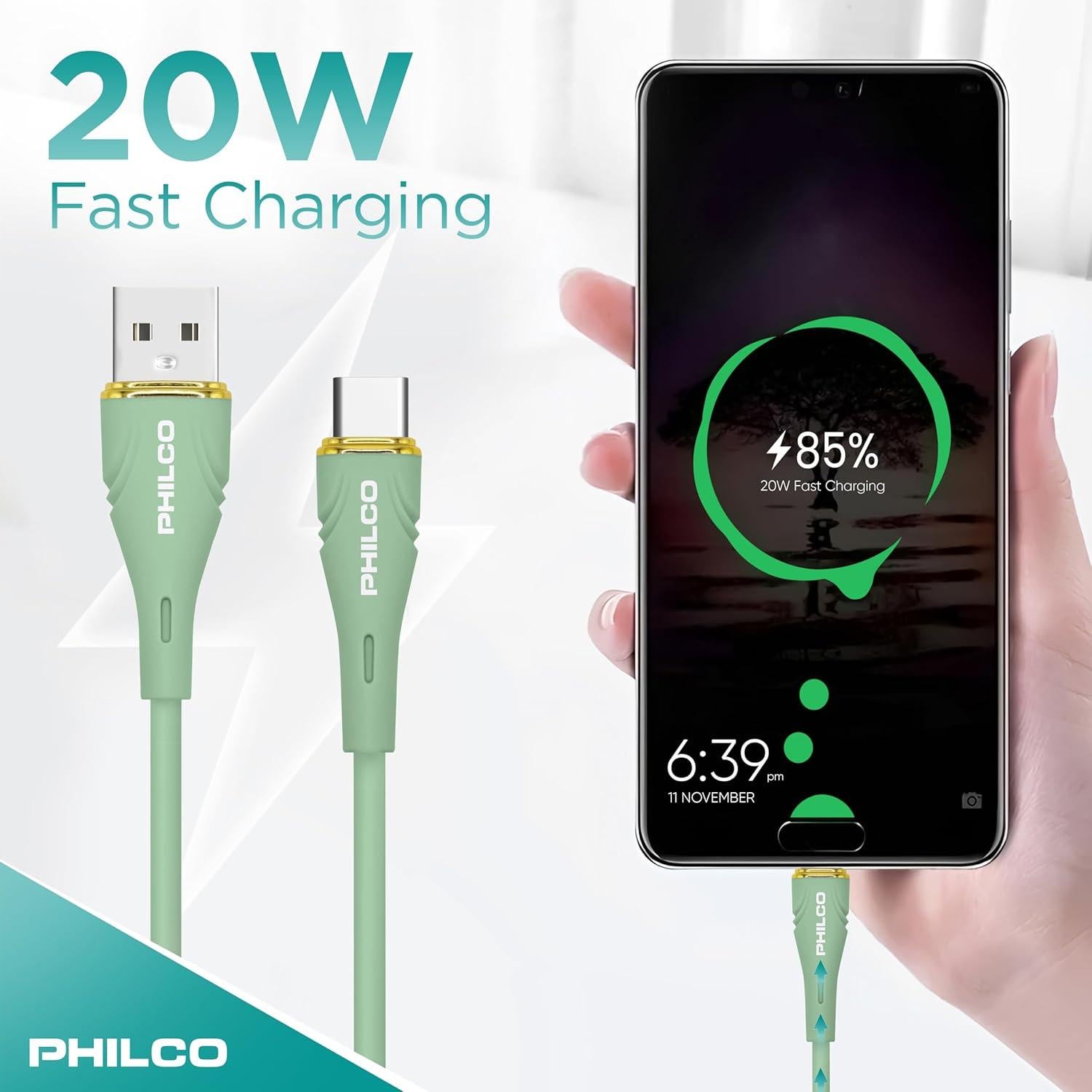 Cable USB a USB C Philco 20W 1.22M Verde 2PK Carga Rápida