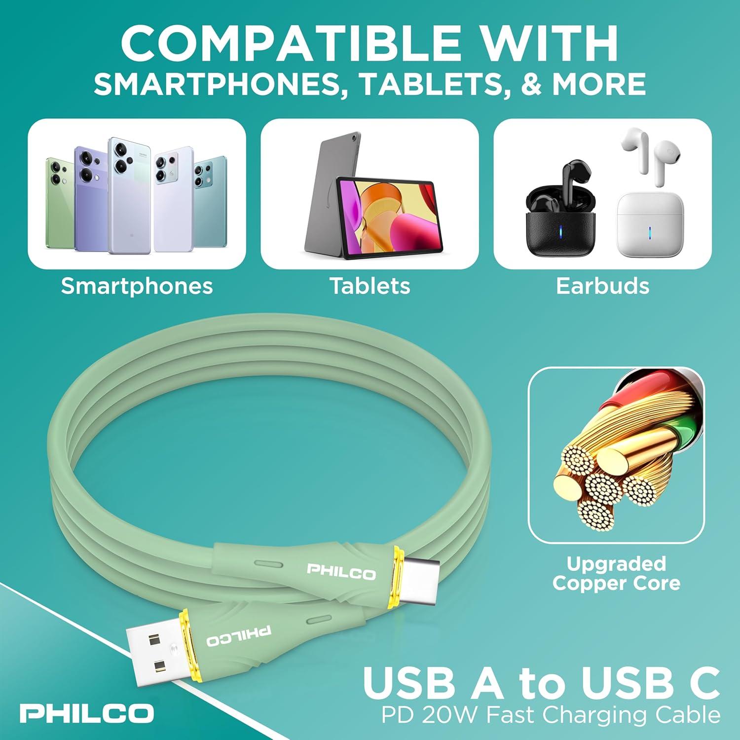 Cable USB a USB C Philco 20W 1.22M Verde 2PK Carga Rápida