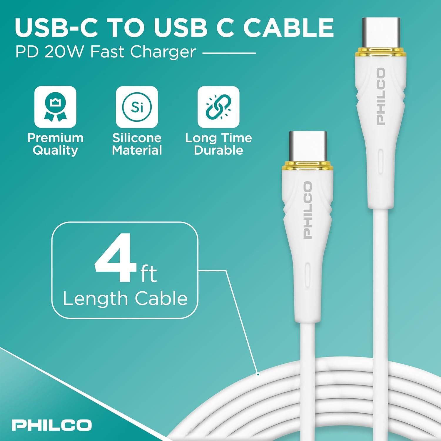 Cable USB C a USB C Philco 20W 1.22M Silicona Duradero