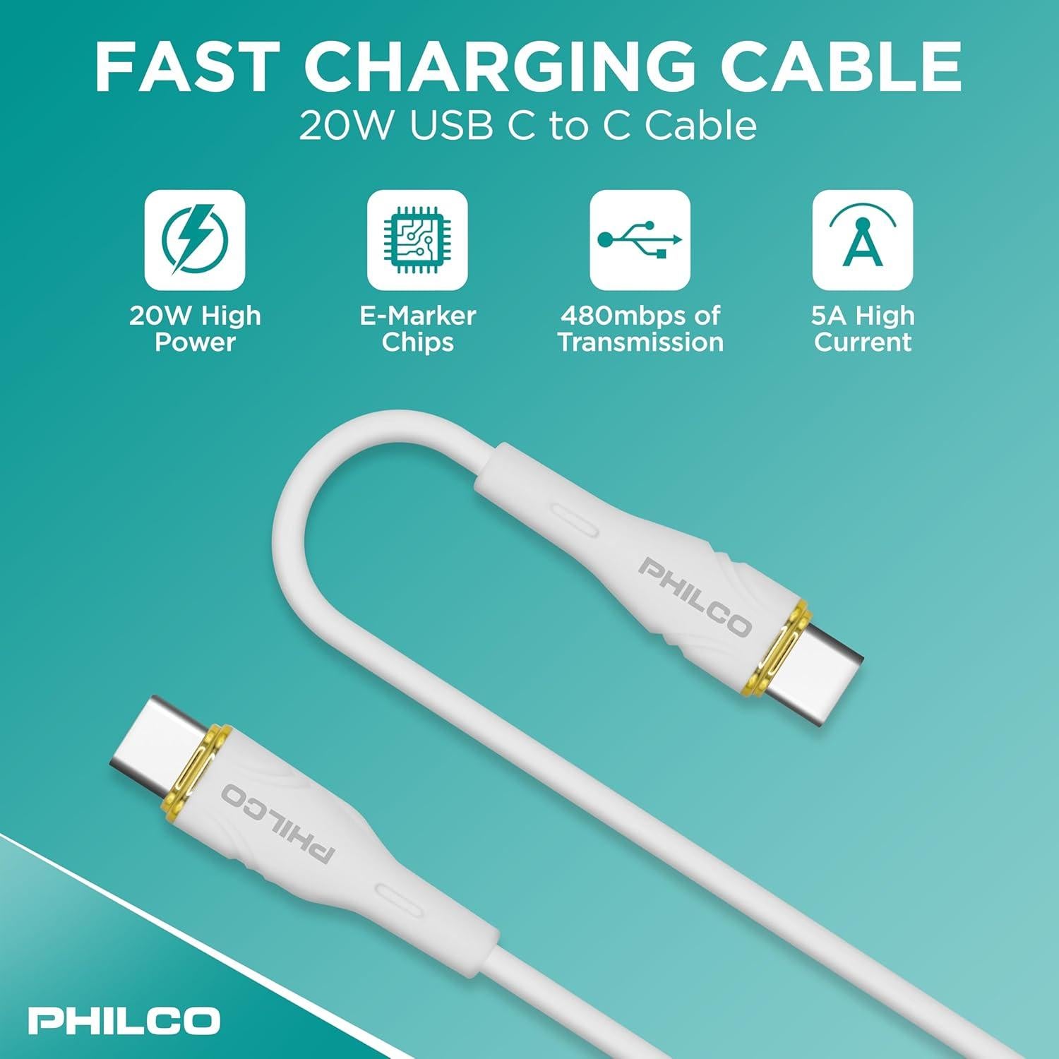 Cable USB C a USB C Philco 20W 1.22M Silicona Duradero