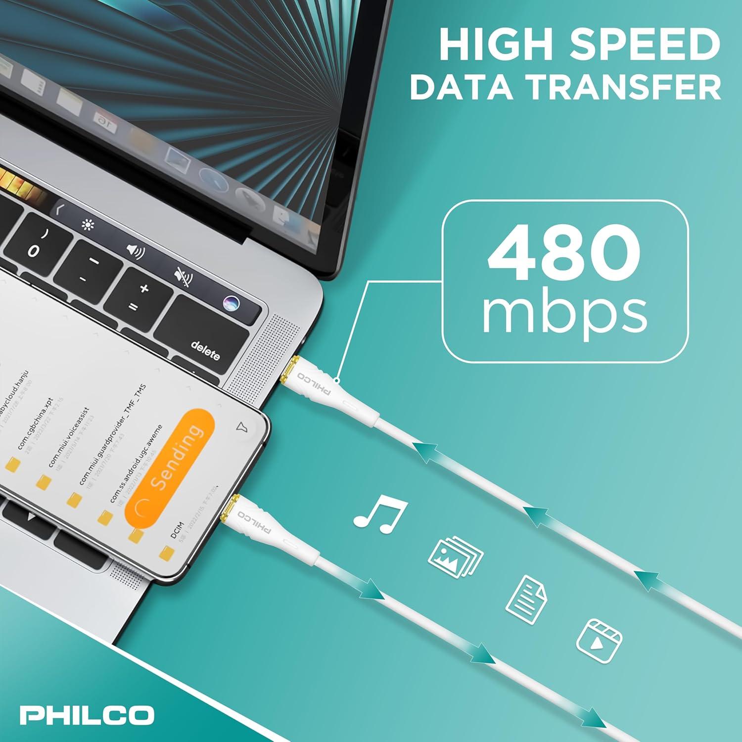 Cable USB C a USB C Philco 20W 1.22M Silicona Duradero