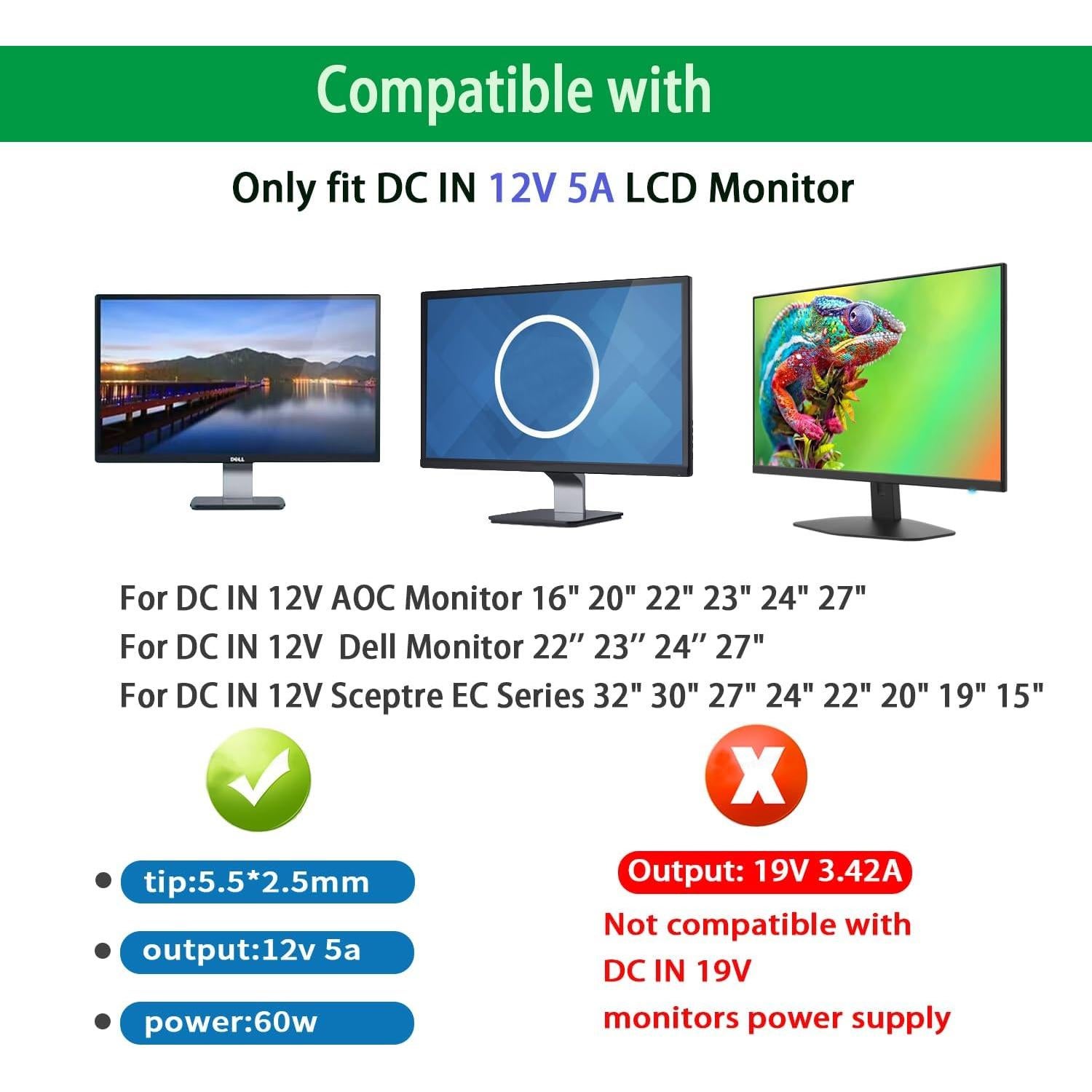 Adaptador de corriente 12V 5A fit-power para monitores AOC y Dell