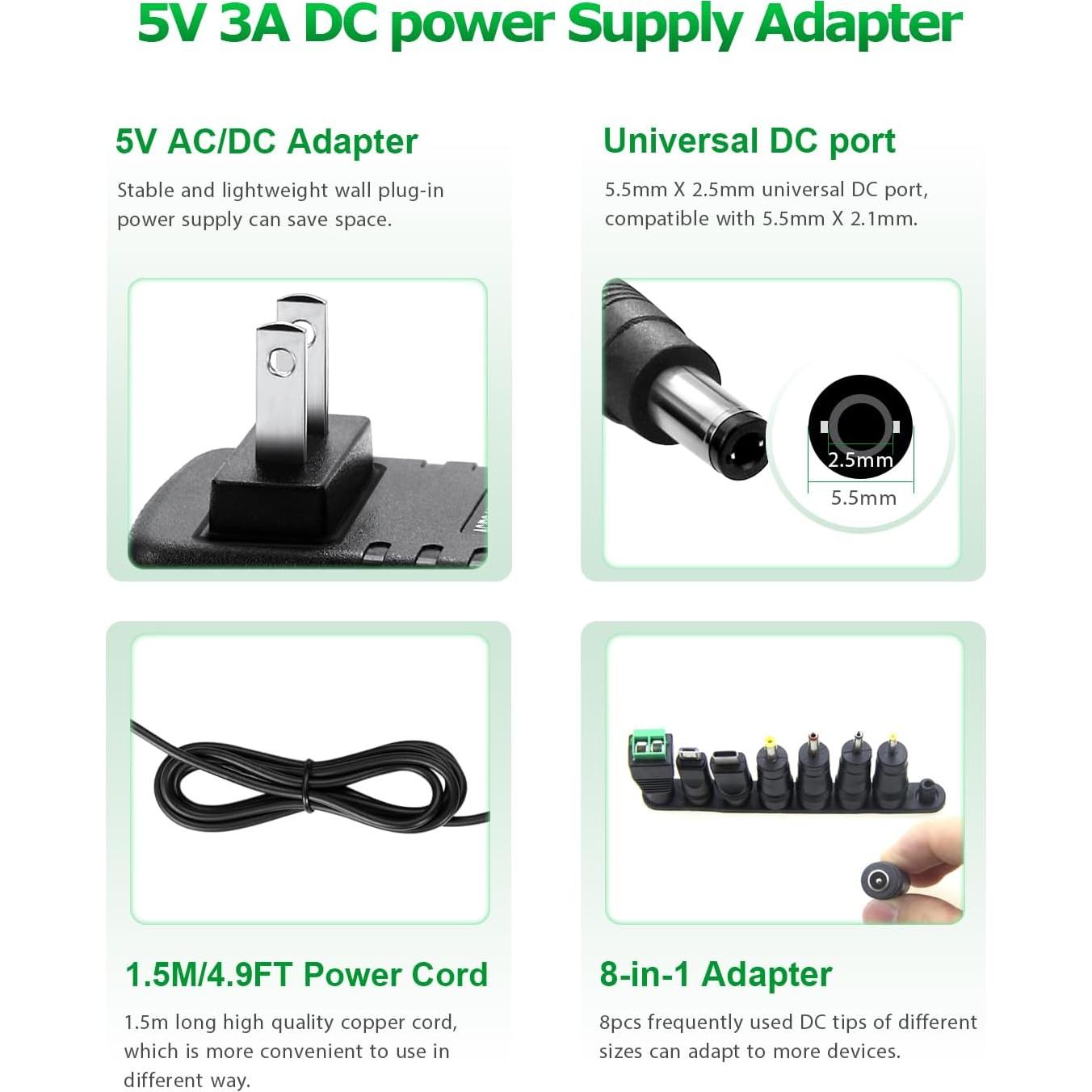 Adaptador de Alimentación AC/DC 5V 3A 15W con 8 Puntas