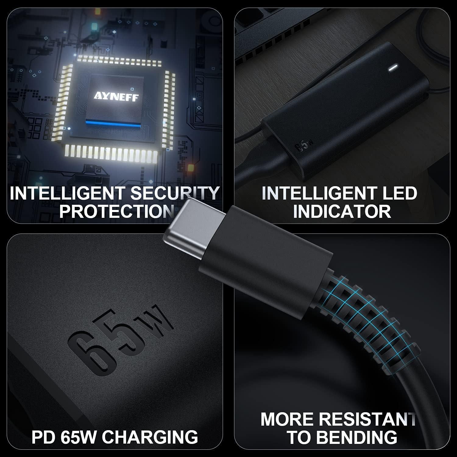 Cargador USB-C 65W AYNEFF A1756 para Laptops HP Lenovo Dell