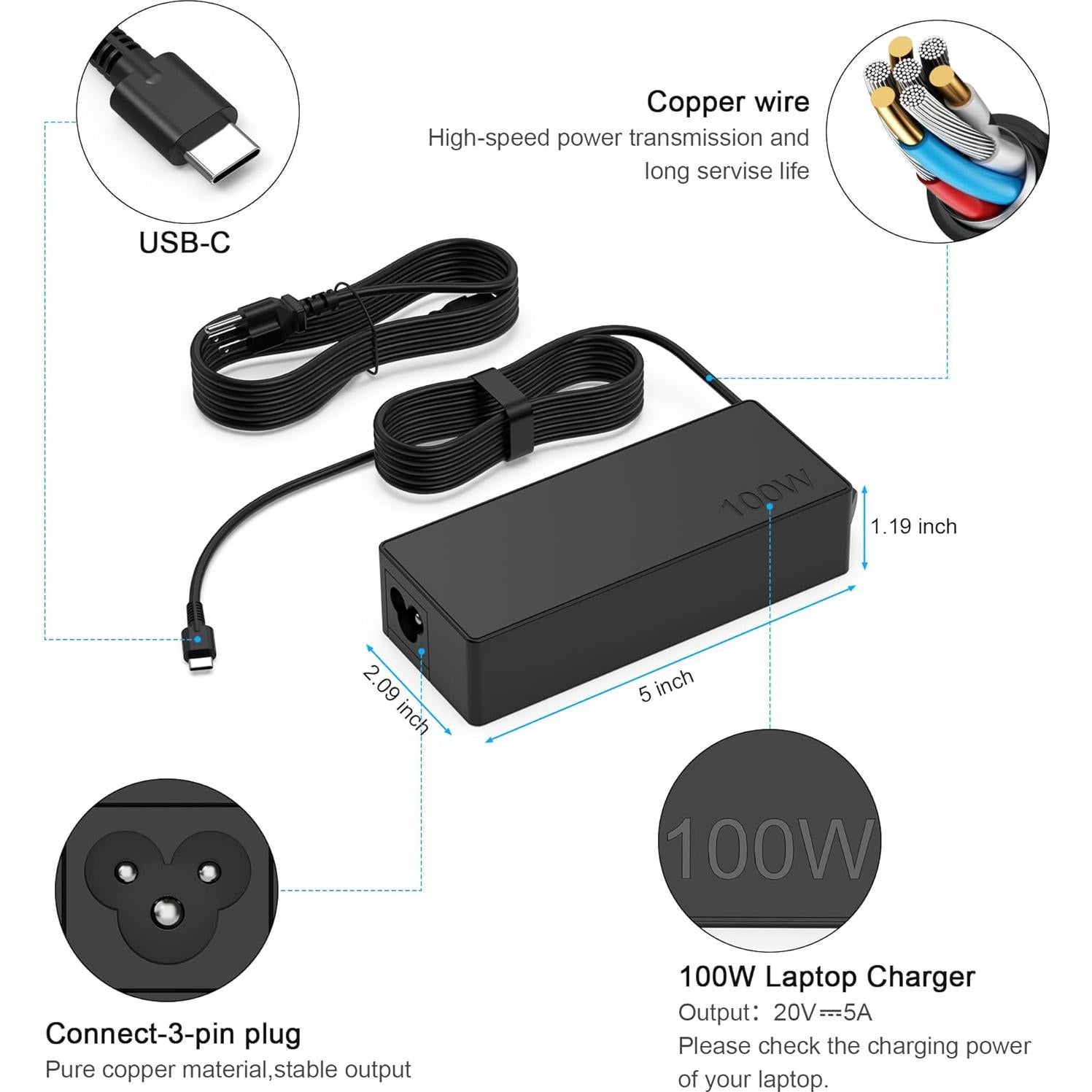 Cargador USB C 100W YTech para Laptop Lenovo MacBook HP