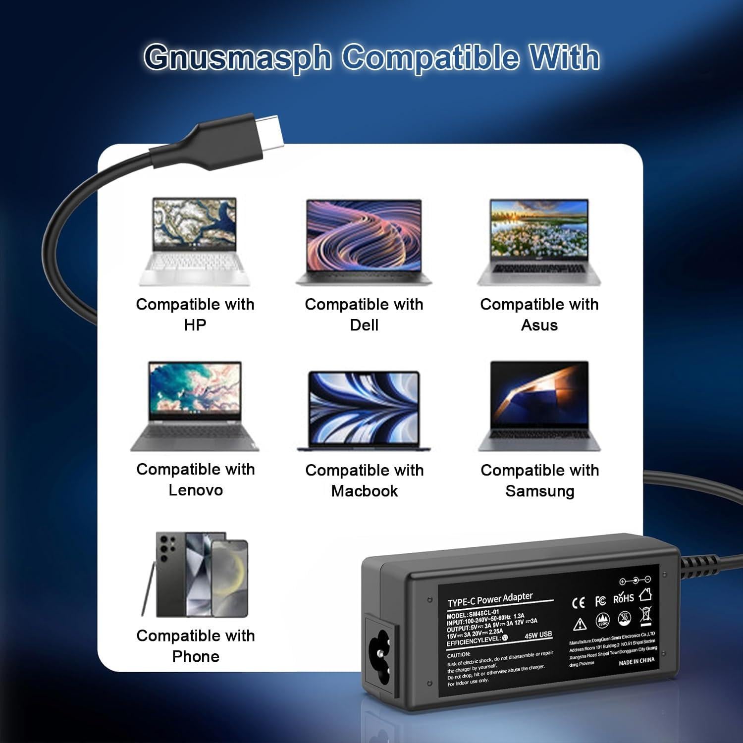 Cargador USB-C 45W Gnusmasph para Chromebook HP Lenovo Dell