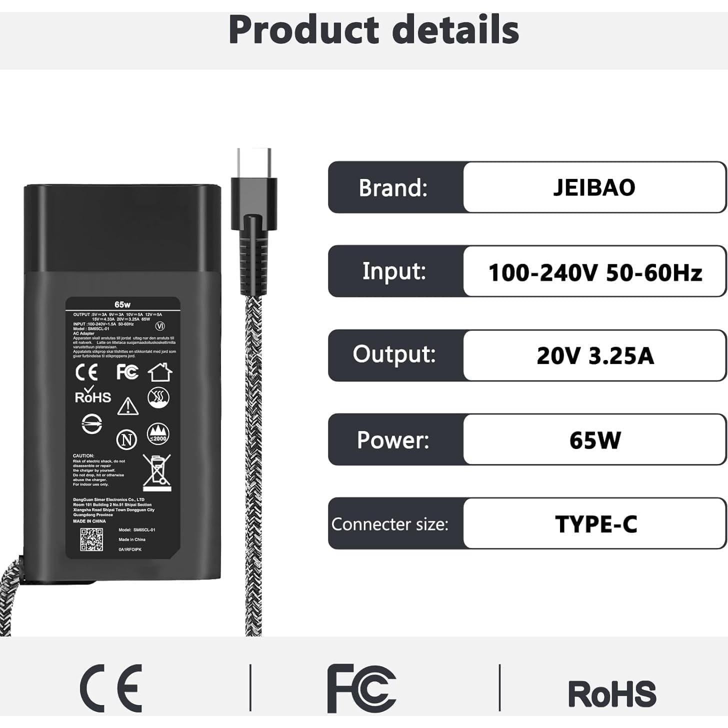 Cargador USB C 65W JEIBAO para HP Chromebook y EliteBook