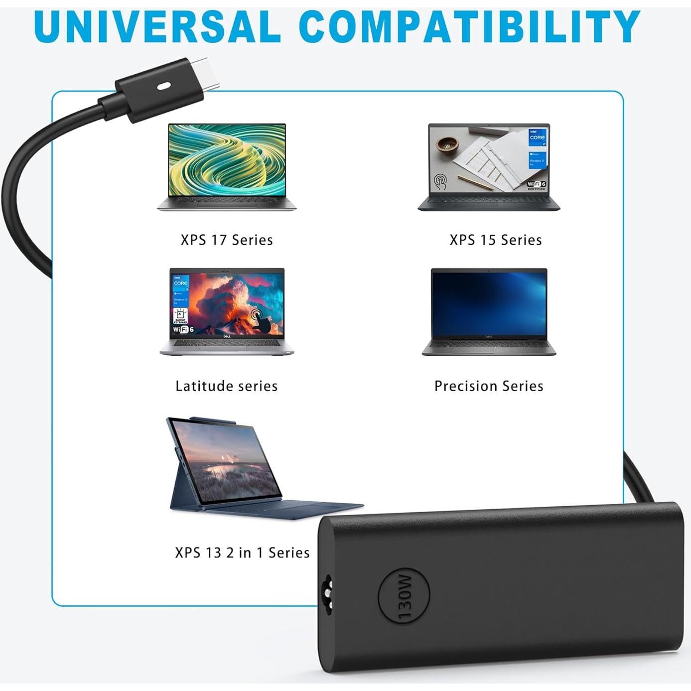 Cargador USB-C 130W NELEBUTO para Dell XPS, Latitude, Precision