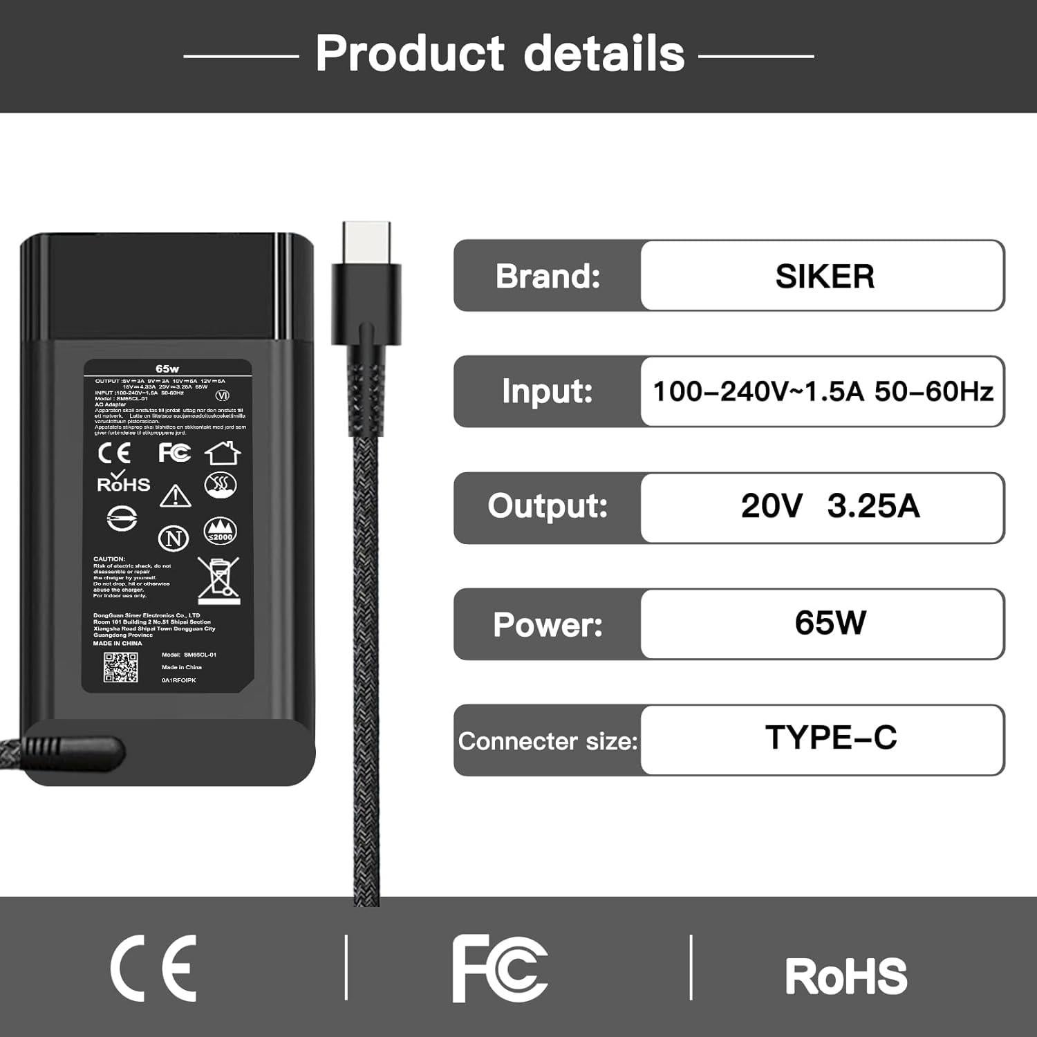 Cargador USB C 65W SiKER para Laptop HP - Compatible con Spectre, Chromebook