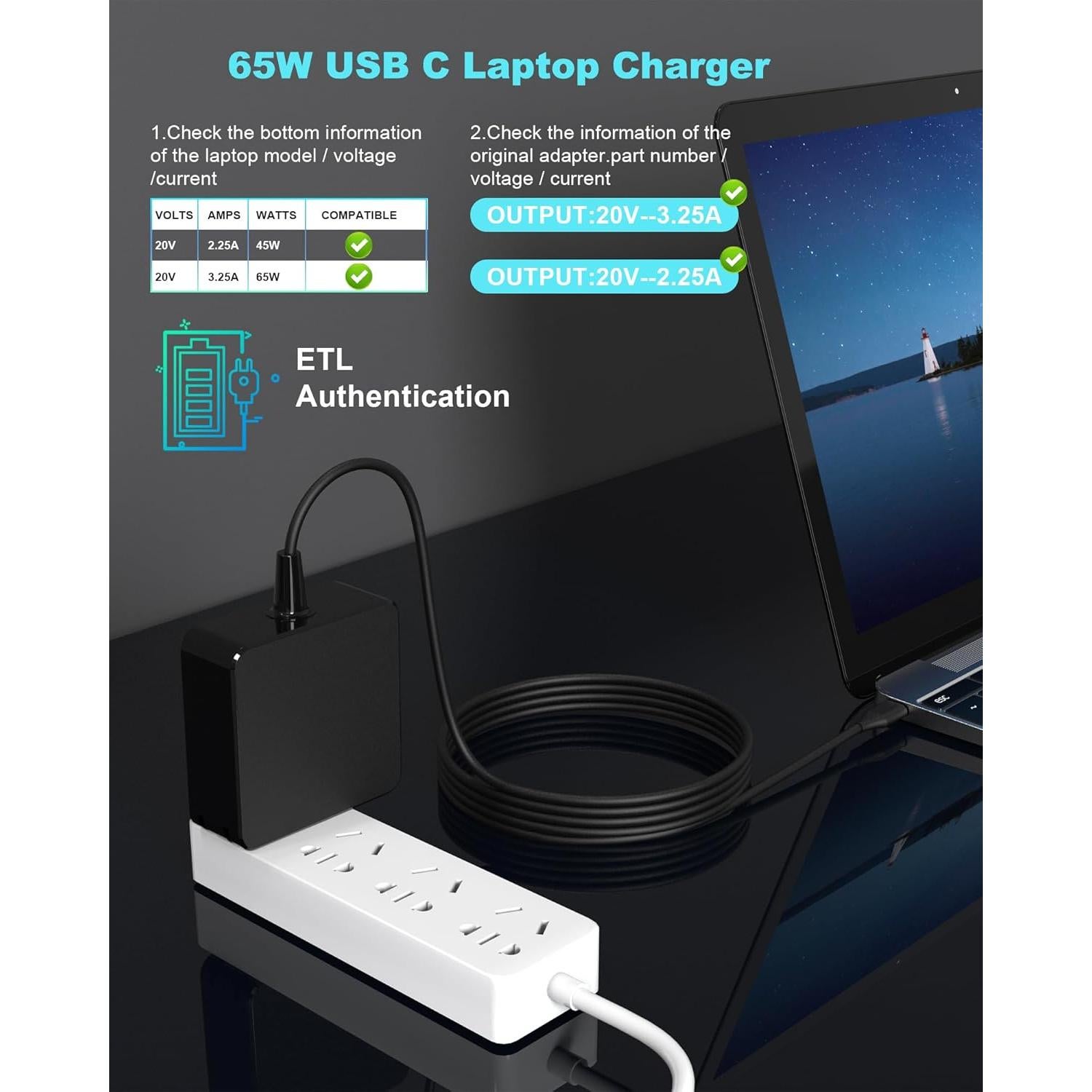 Cargador USB C 65W para Laptop Asus Zenbook y Surface Pro