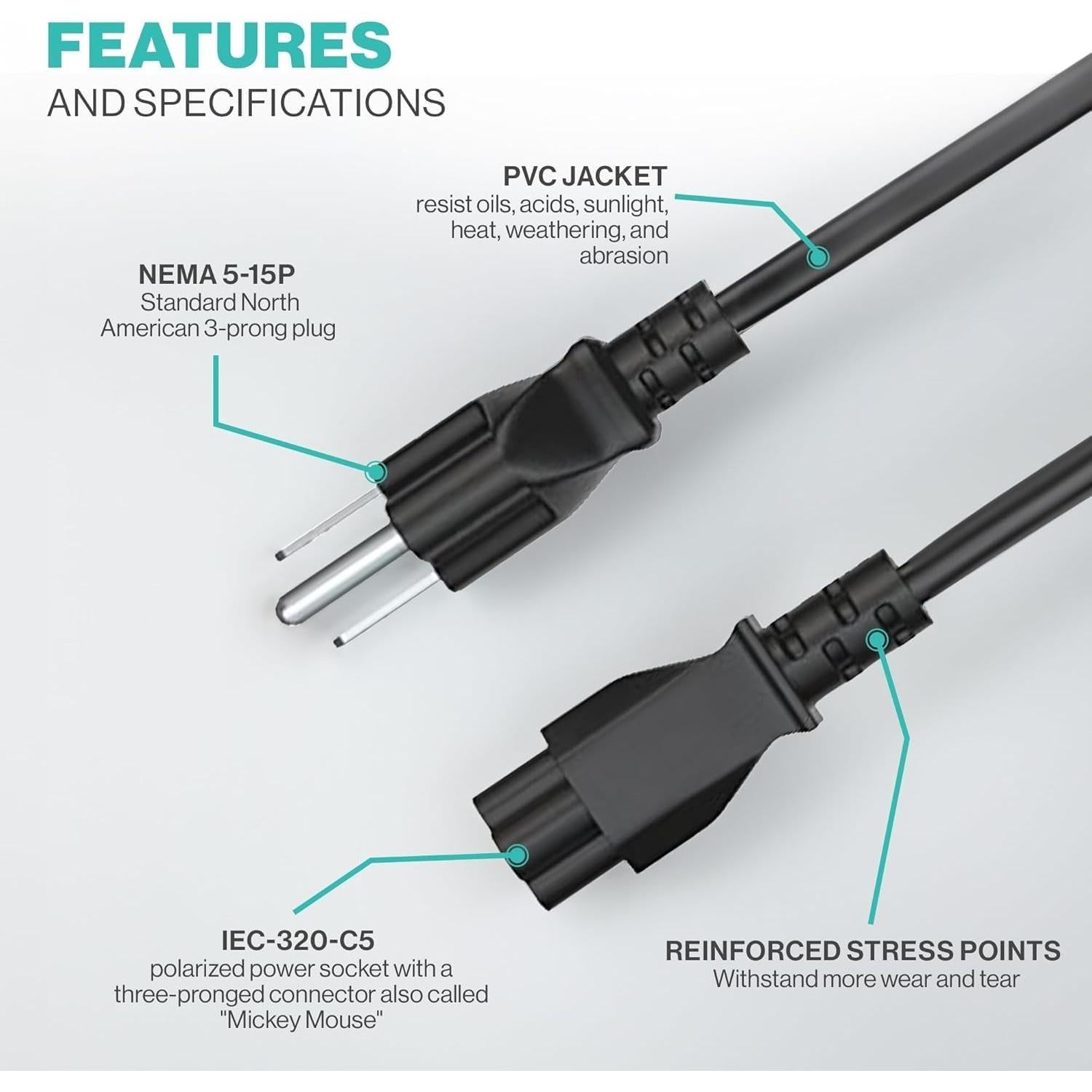 Cable de Alimentación 1.52m C5 UL para Portátil y TV LG, Dell, HP