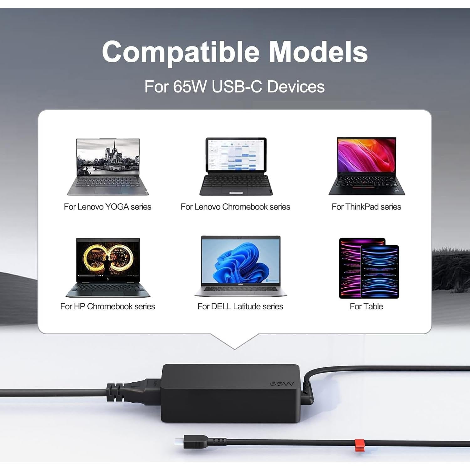 Cargador USB C 65W Compatible con Lenovo Yoga y Thinkpad