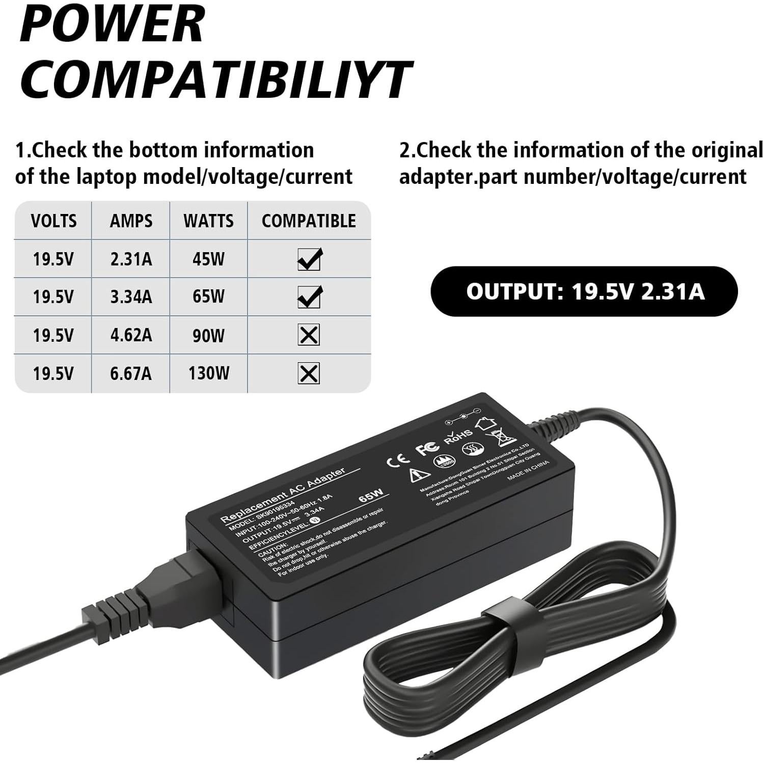 65W AC Laptop Charger Compatible with Dell Inspiron 15-3000 15-5000 15-7000 17-3000 17-5000 17-7000 13-5000 13-7000 11-3000 2 in 1 Series 3558 3181 5558 5559 5567 5100 5535 Adapter Power Cord