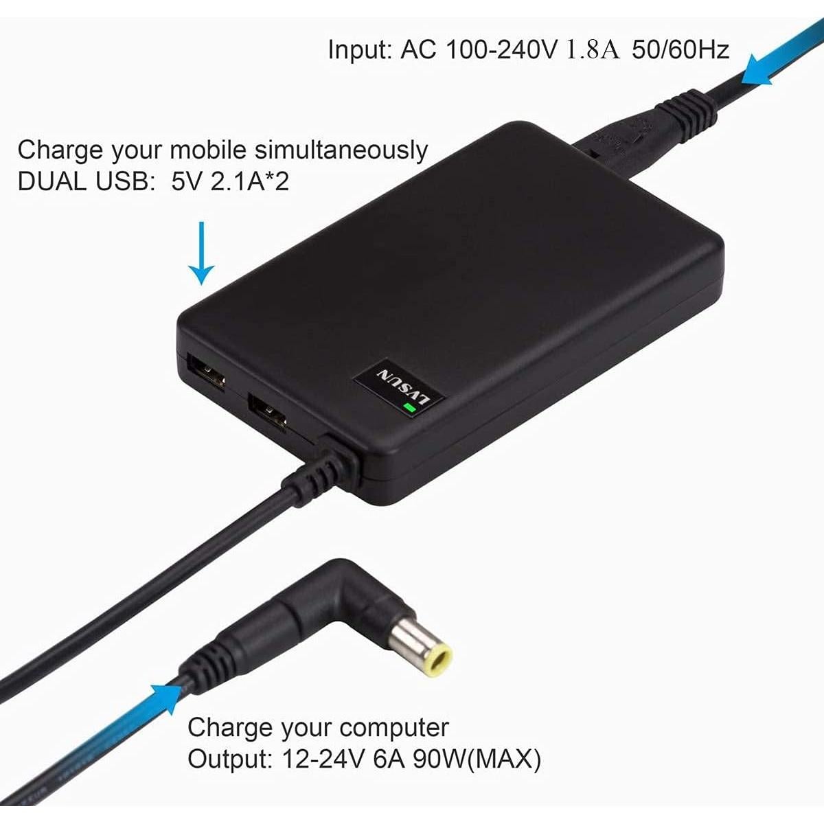 Cargador Universal 90W LVSun con Doble USB 5V 2.1A