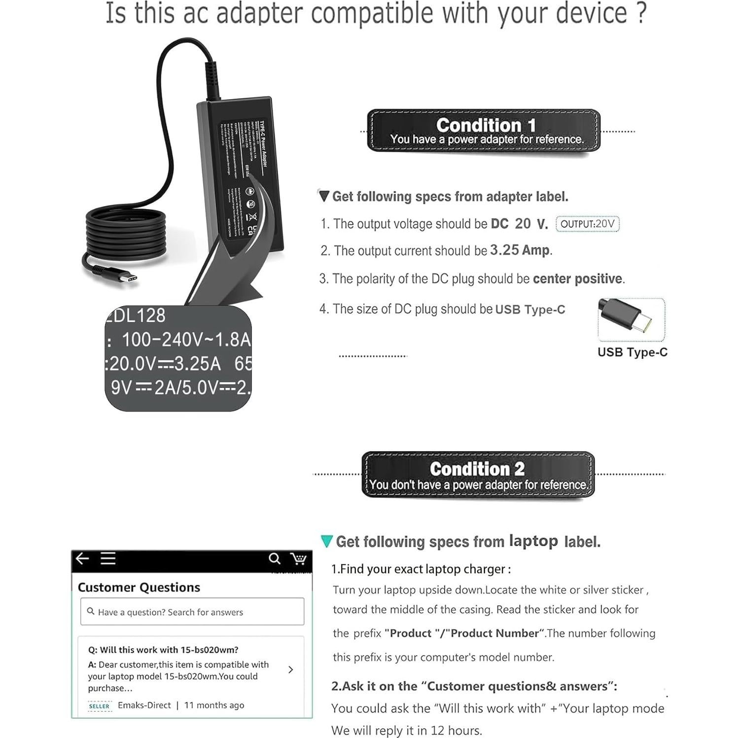 Cargador USB C 65W SZGUDULO para Laptop Acer HP Dell Lenovo
