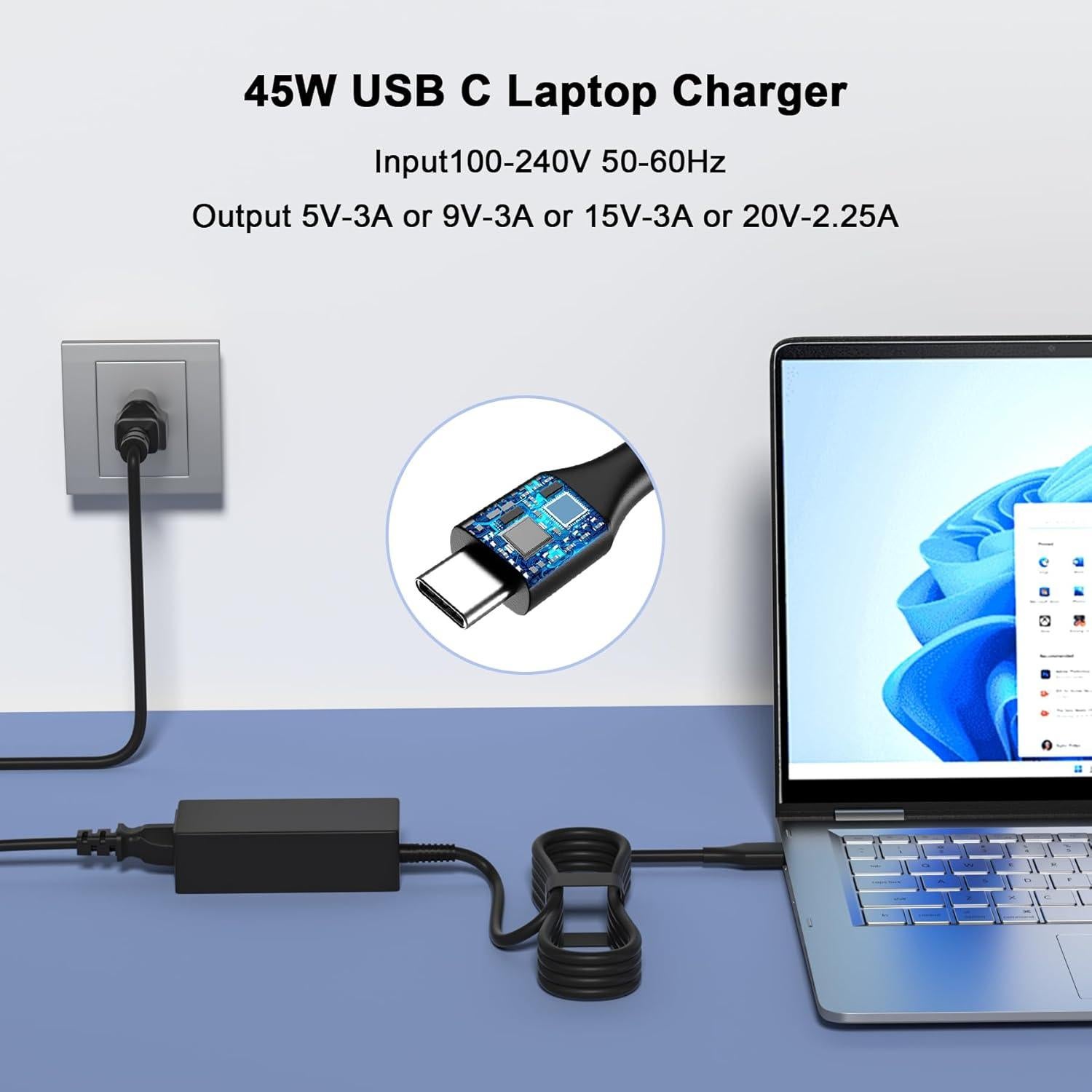 Cargador USB-C 45W YEOTSMUT para Chromebook HP y Dell