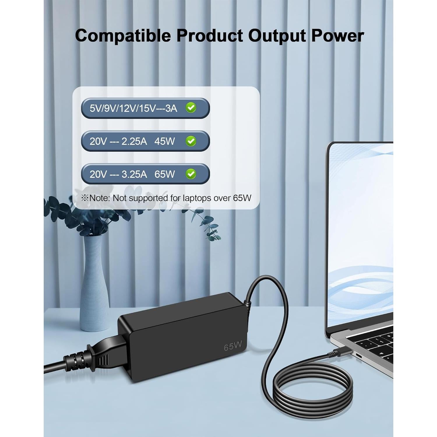 Cargador USB C 65W Universal para Laptops Dell Lenovo HP Acer