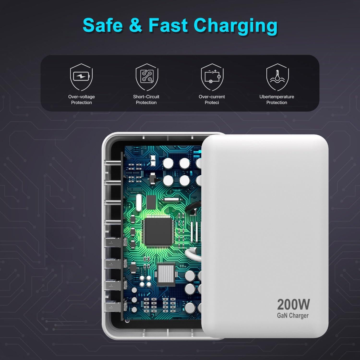 Cargador USB C 200W GaN 8 Puertos Rápido Dongguan