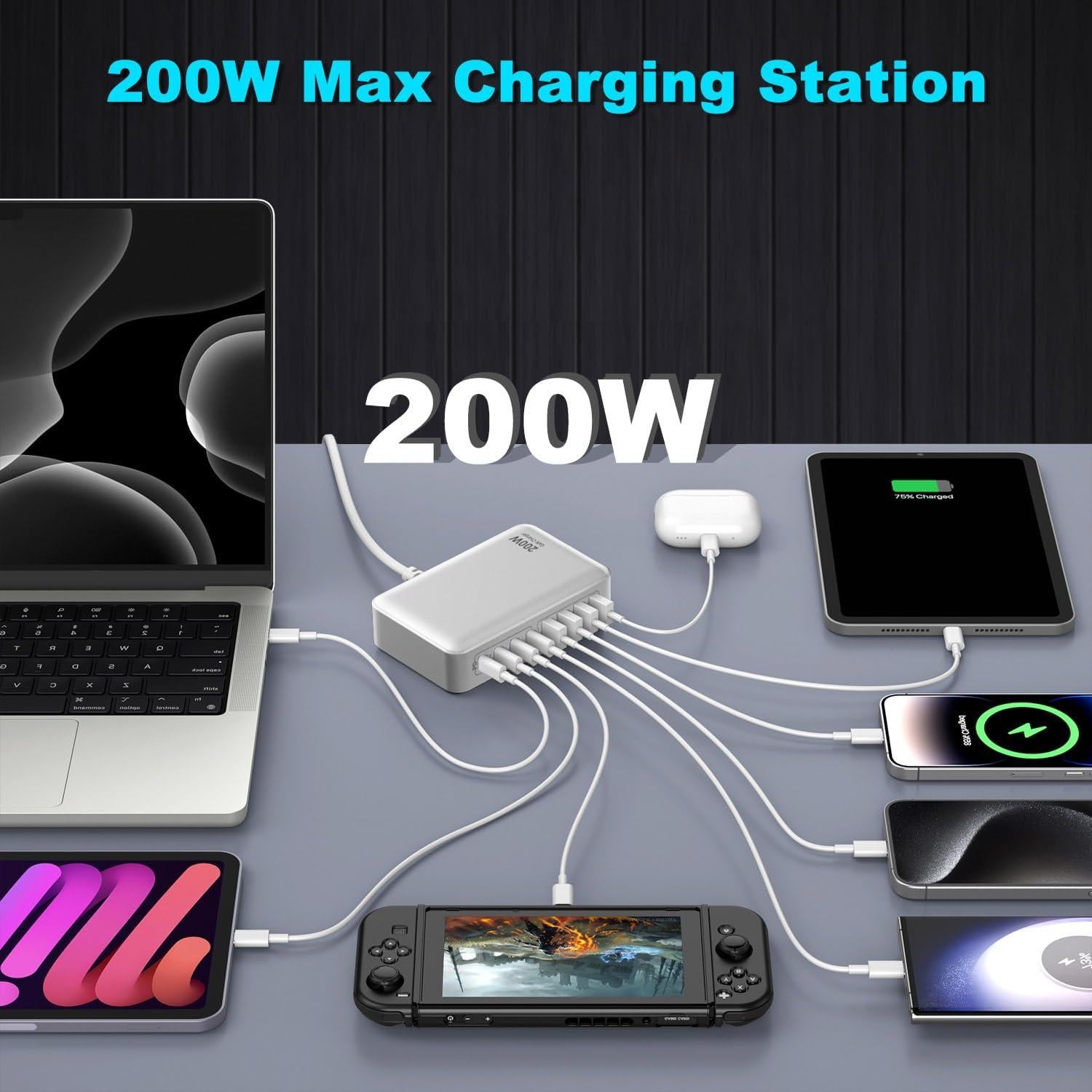 Cargador USB C 200W GaN 8 Puertos Rápido Dongguan