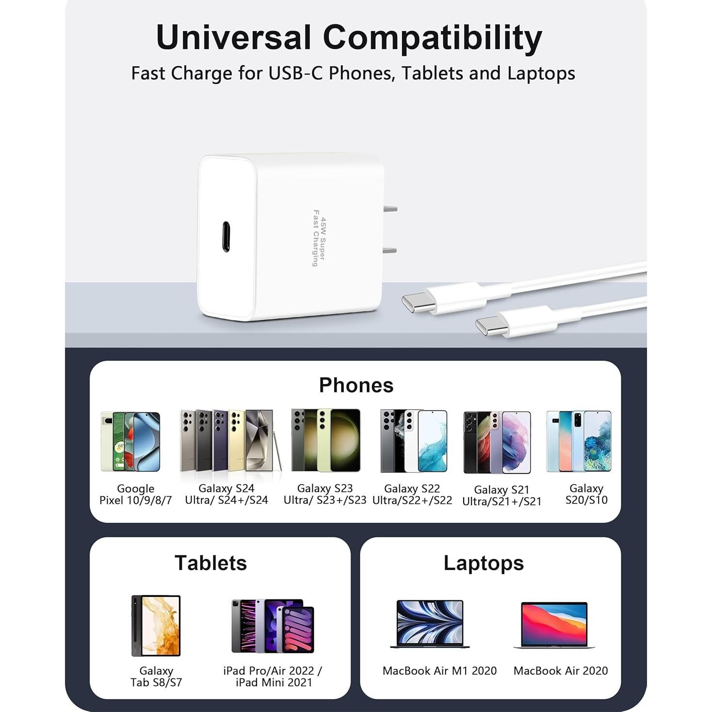 Cargador Rápido 45W USB-C Heyuan para Google Pixel y iPhone