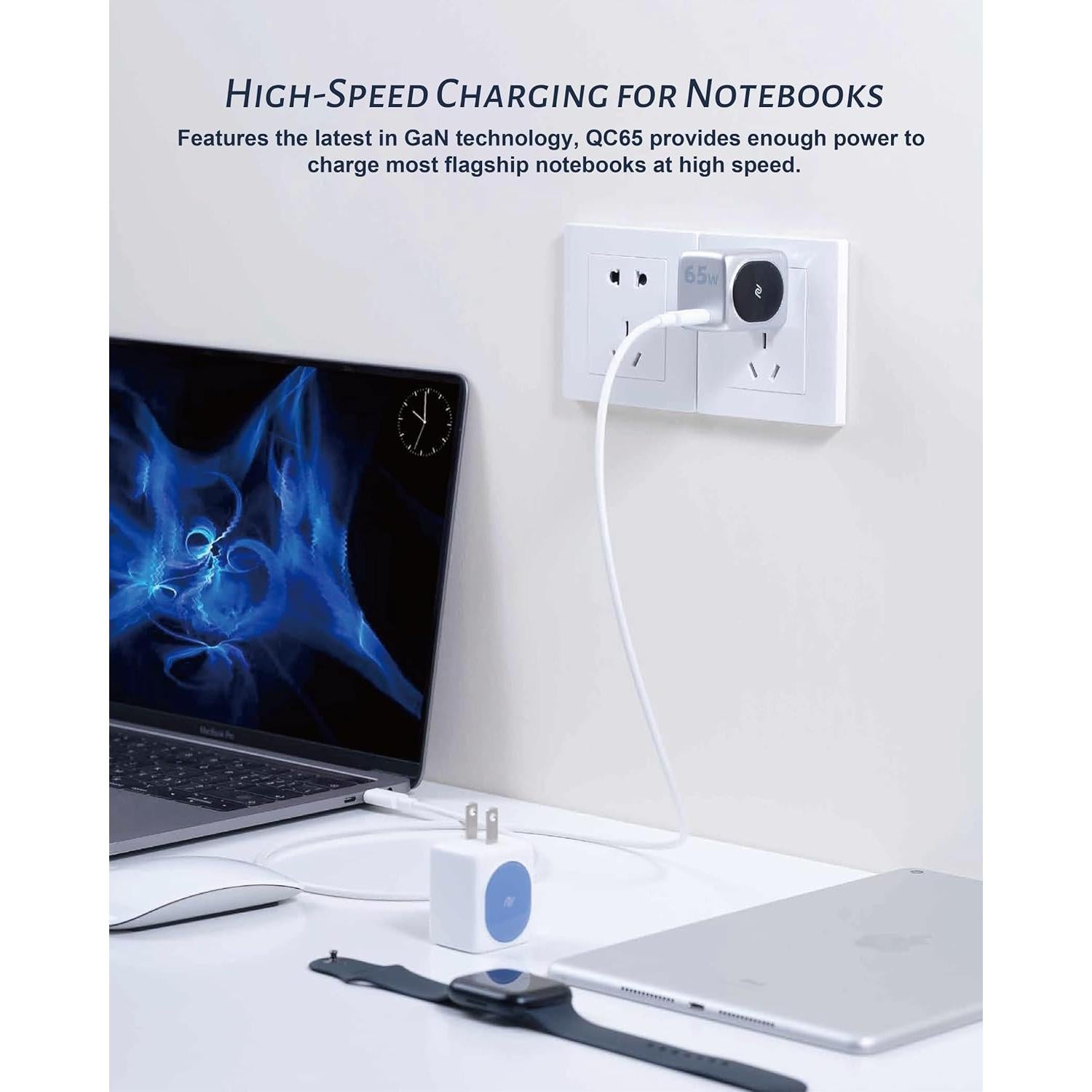 Cargador USB C GaN 65W Powerland QC65 para MacBook y iPhone