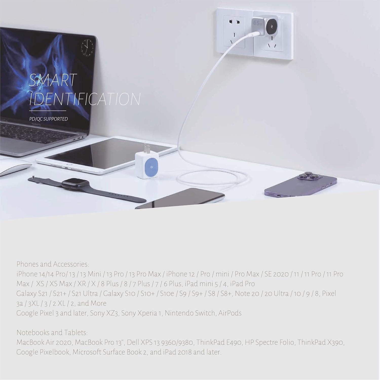 Cargador USB C GaN 65W Powerland QC65 para MacBook y iPhone