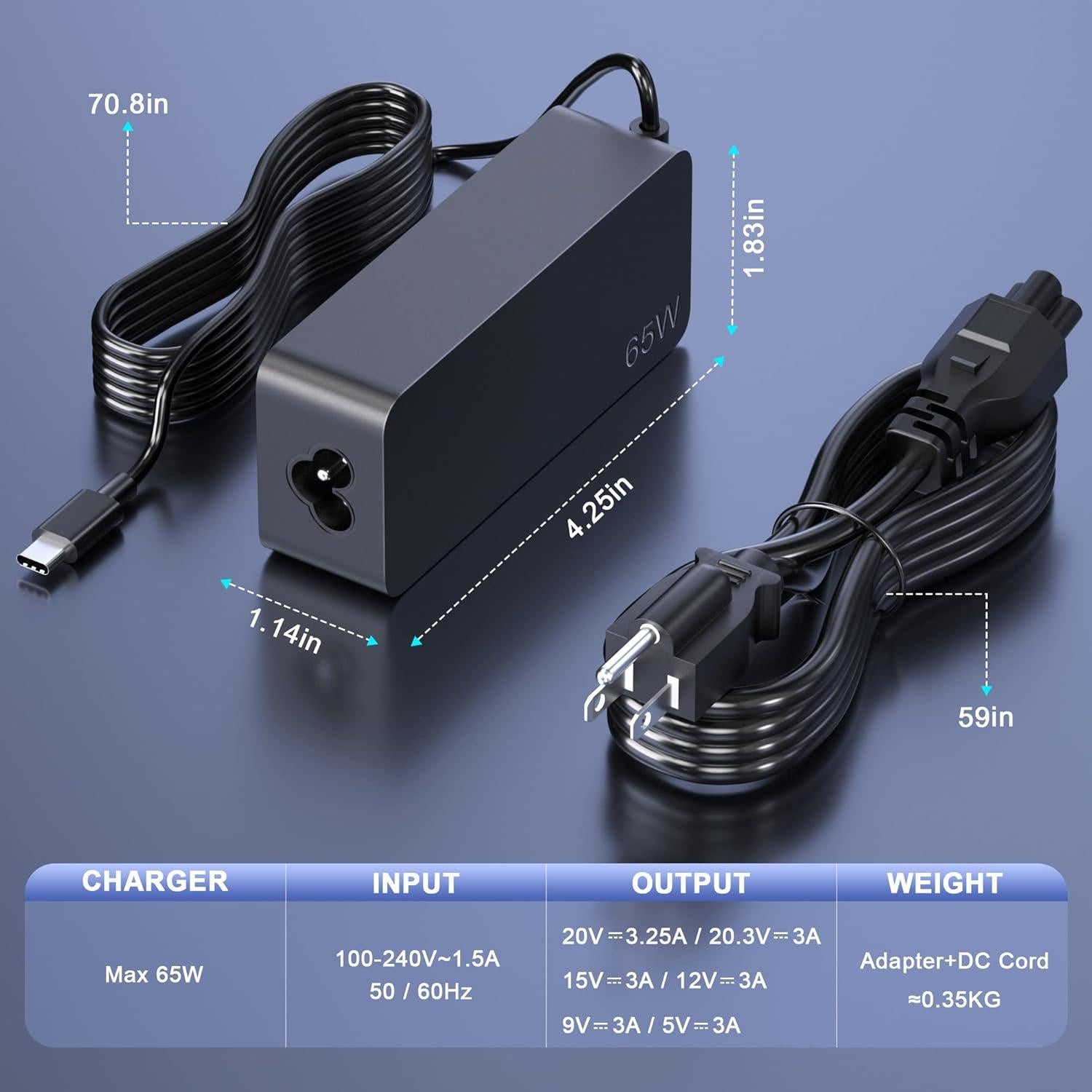 Cargador USB-C 65W Lenovo Adaptador de Corriente para Laptops