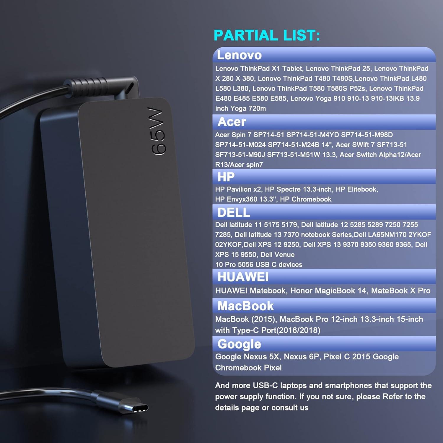 Cargador USB-C 65W Lenovo Adaptador de Corriente para Laptops