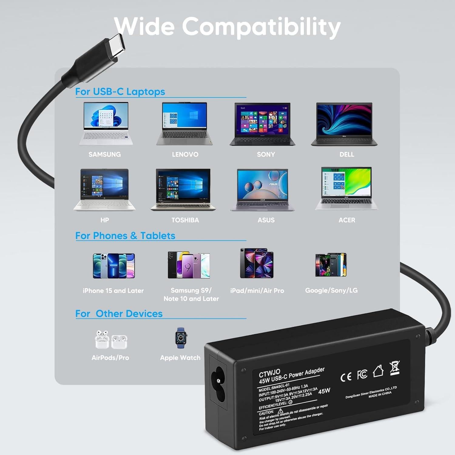 Cargador USB C 45W Universal para Laptop Dell, HP, Acer