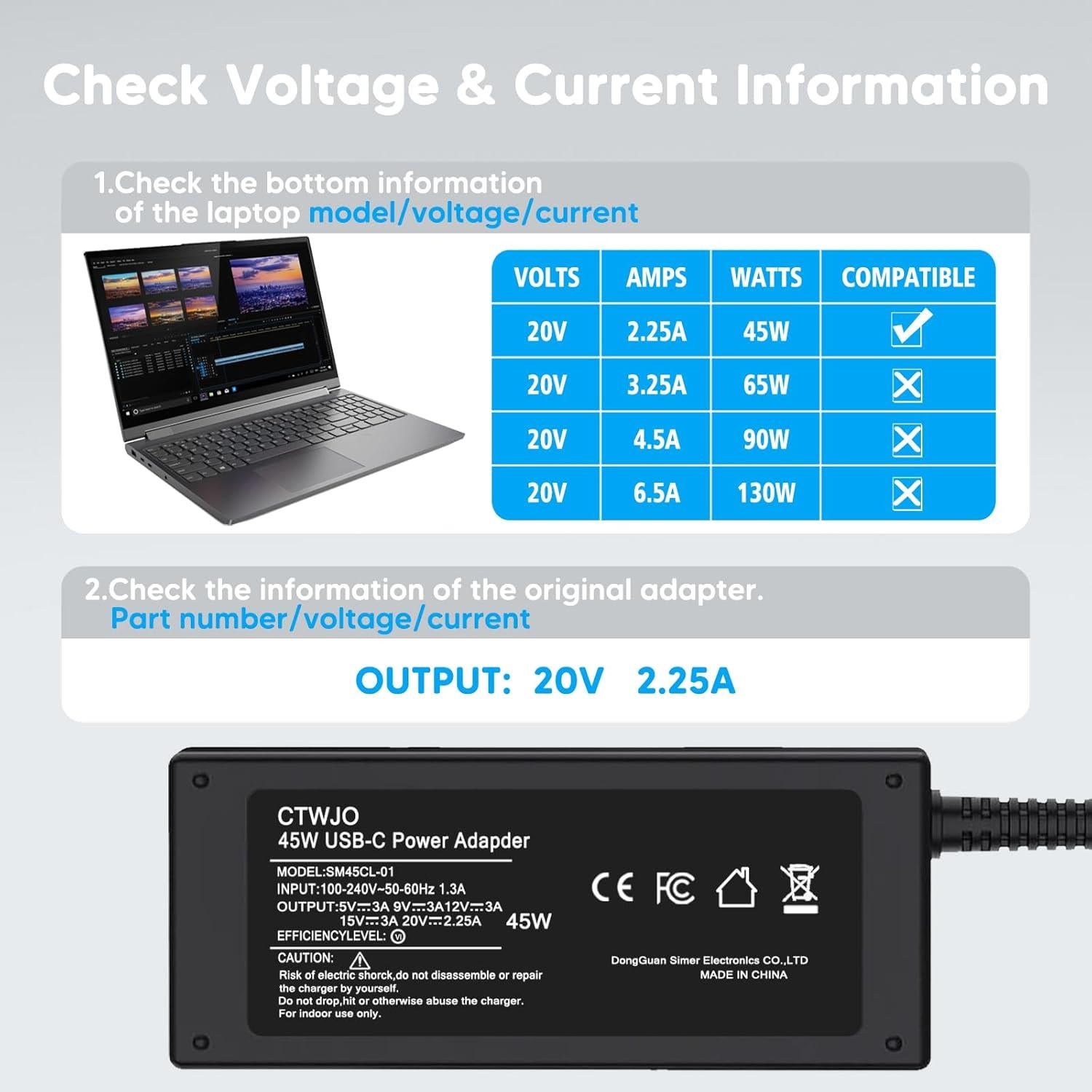 Cargador USB C 45W Universal para Laptop Dell, HP, Acer