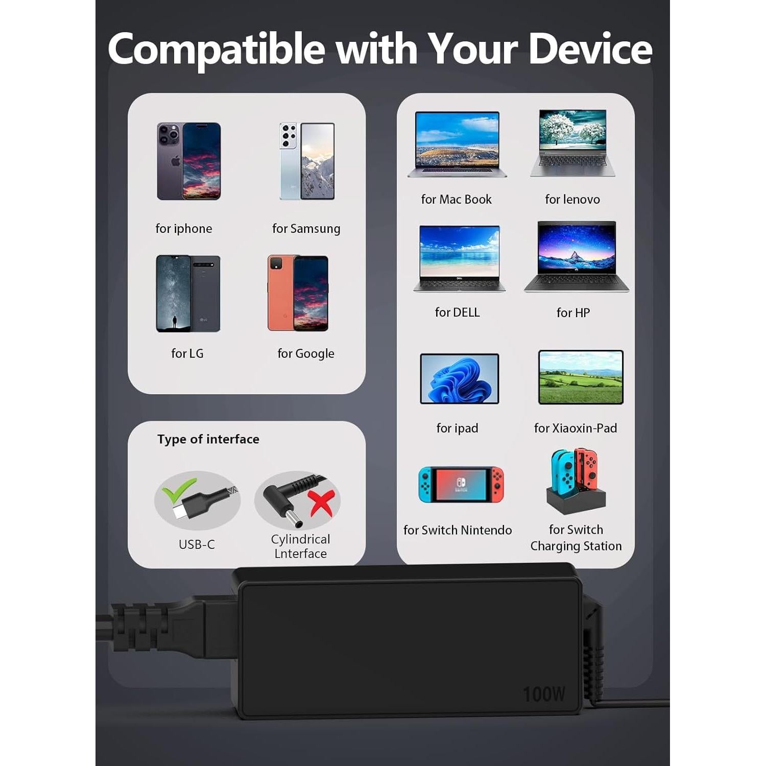 Cargador USB C 100W DONGGUAN para Laptop Asus, MacBook, Lenovo, HP