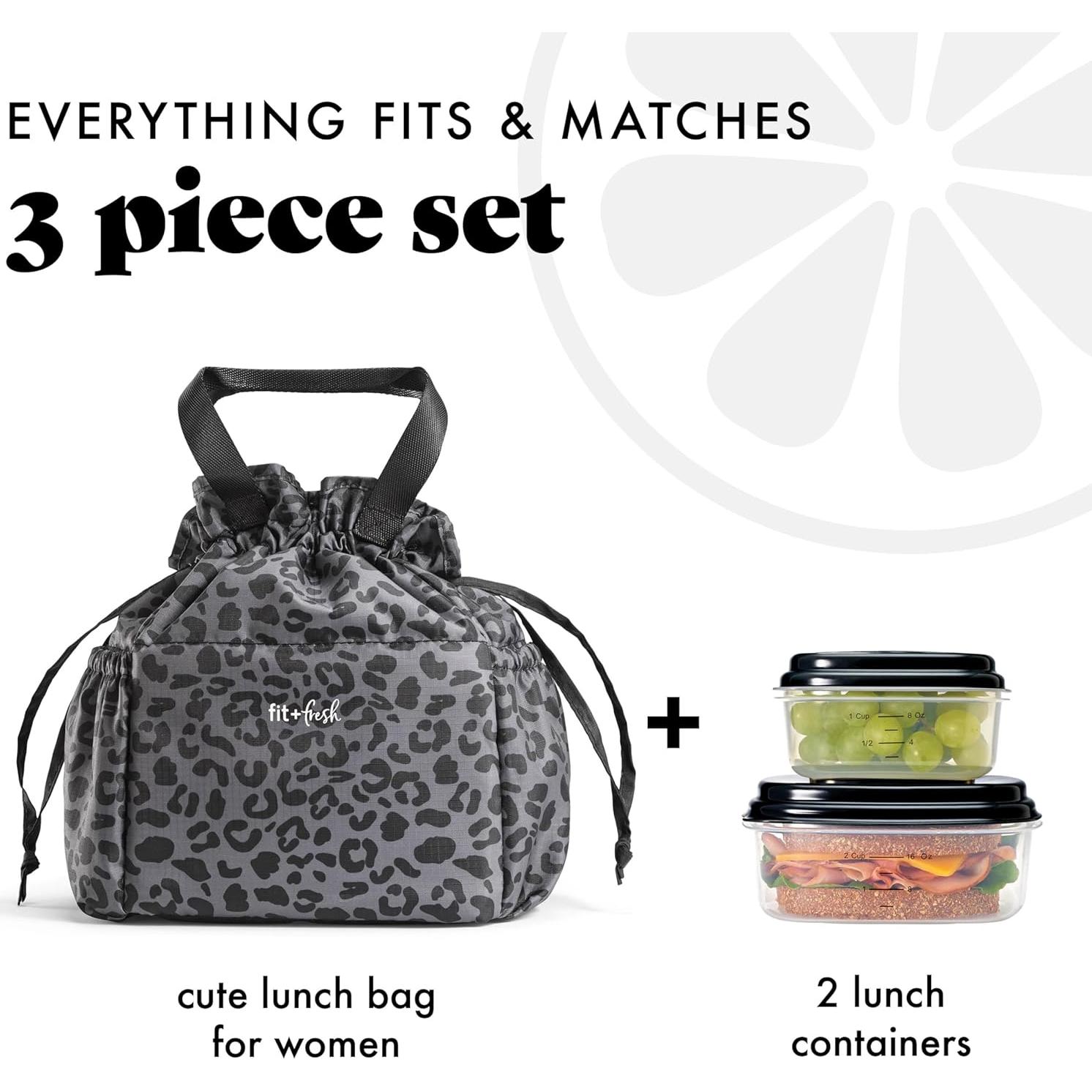 Bolsa de Almuerzo Fit & Fresh Leopardo Negro con 2 Contenedores