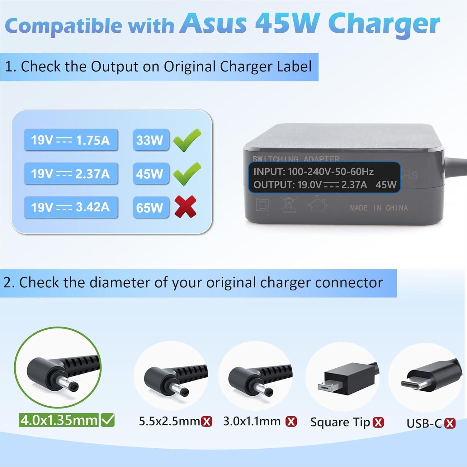 Cargador Adaptador 45W 19V 2.37A ASUS UX305 UX330 E203M