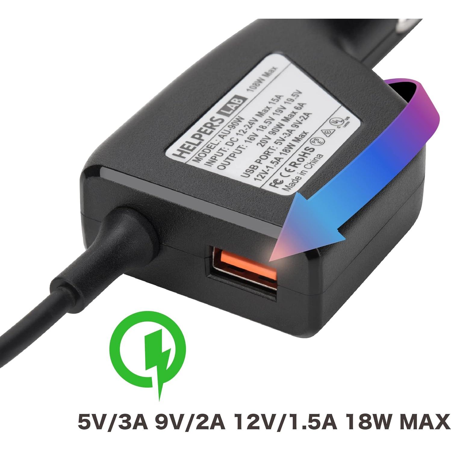 12V 24V Input Laptop Car Charger 16V 18.5V 19V 19.5V 20V DC Power Adapter 90W with 18W QC3.0 USB & 16 Tips 108W Universal for HP Dell IBM Lenovo Acer ASUS Compaq Samsung Sony and More