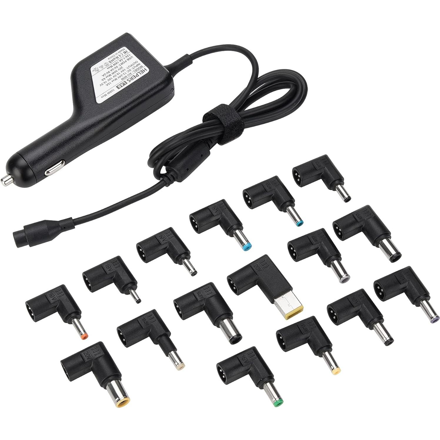 12V 24V Input Laptop Car Charger 16V 18.5V 19V 19.5V 20V DC Power Adapter 90W with 18W QC3.0 USB & 16 Tips 108W Universal for HP Dell IBM Lenovo Acer ASUS Compaq Samsung Sony and More