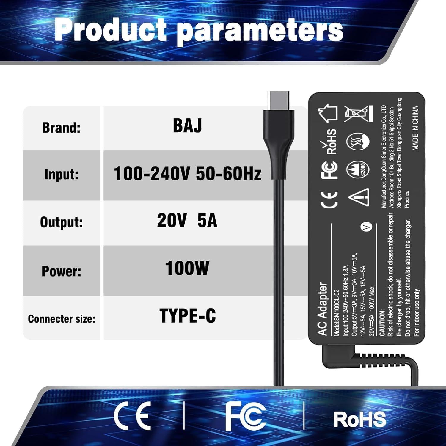 Cargador USB-C 100W Universal para Laptop Lenovo, Dell, MacBook