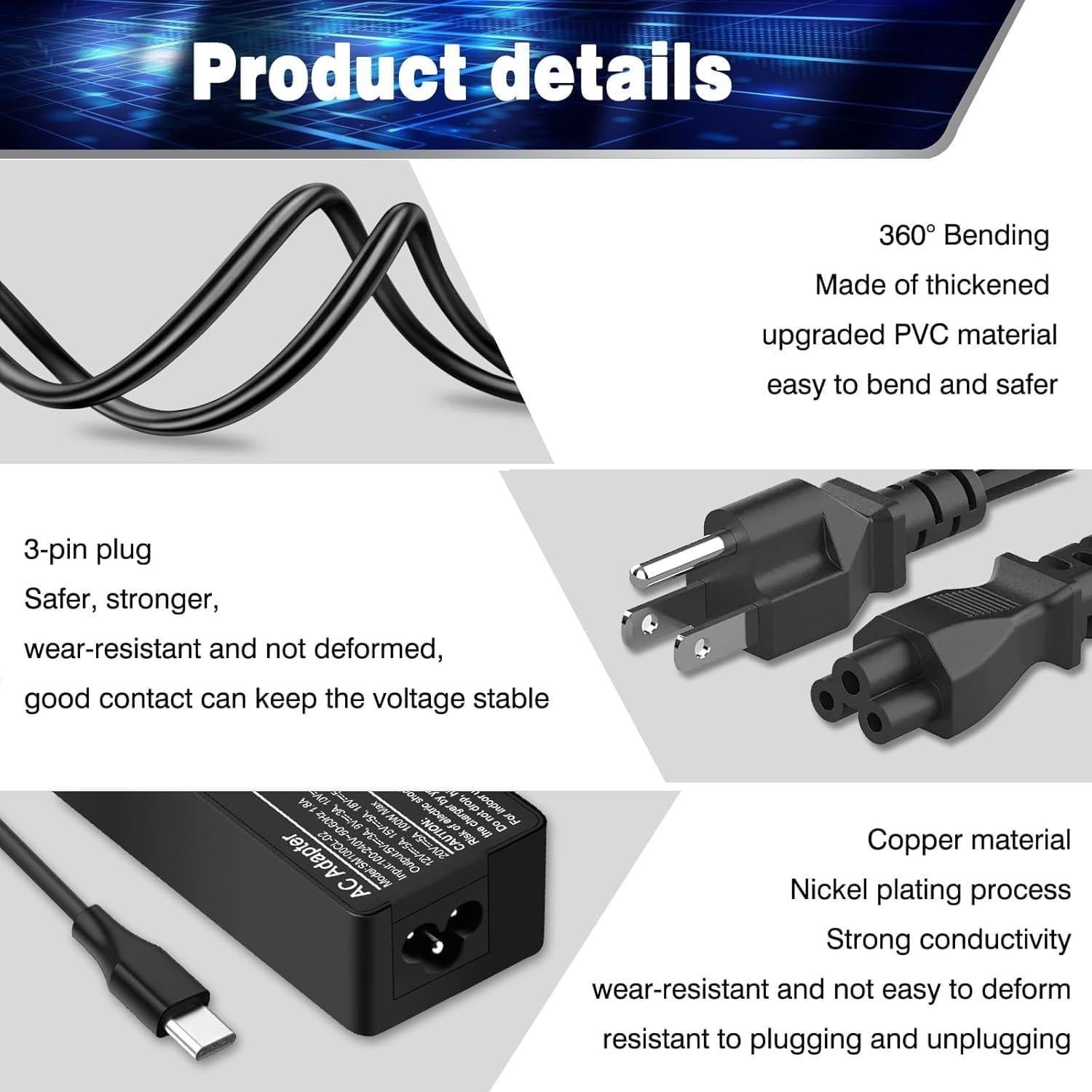 Cargador USB-C 100W Universal para Laptop Lenovo, Dell, MacBook