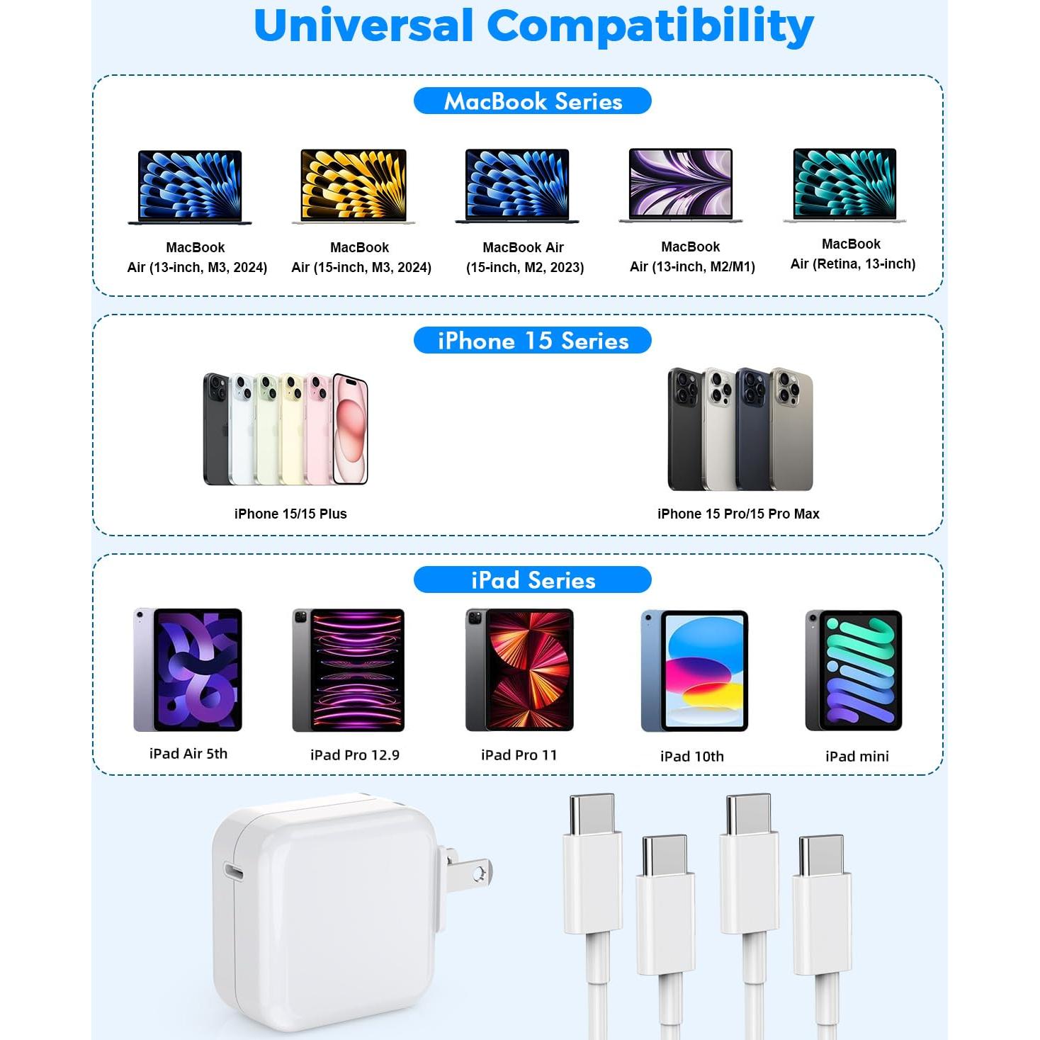 Cargador USB-C 30W para MacBook Air/Pro + Cable 10FT