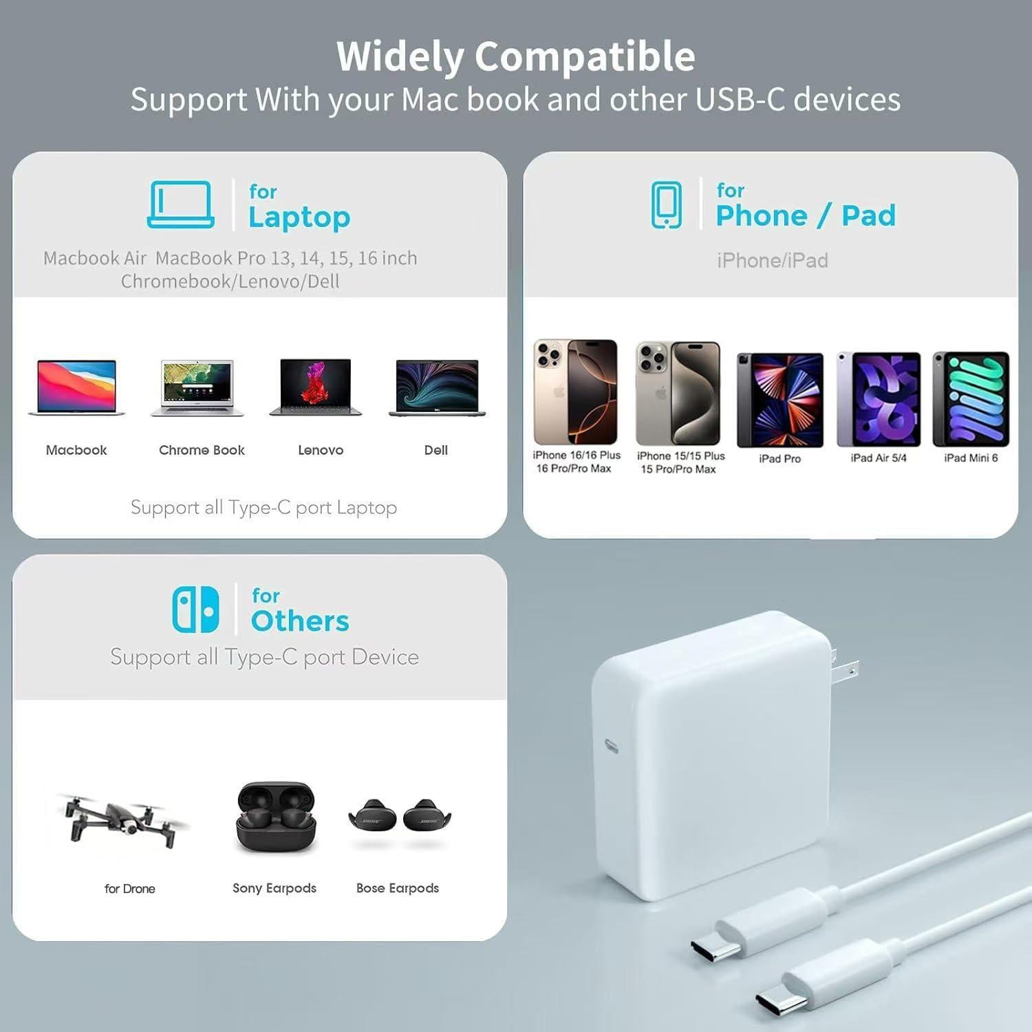 Cargador 100W GaN para MacBook Pro/Air M1 M2 M3 M4