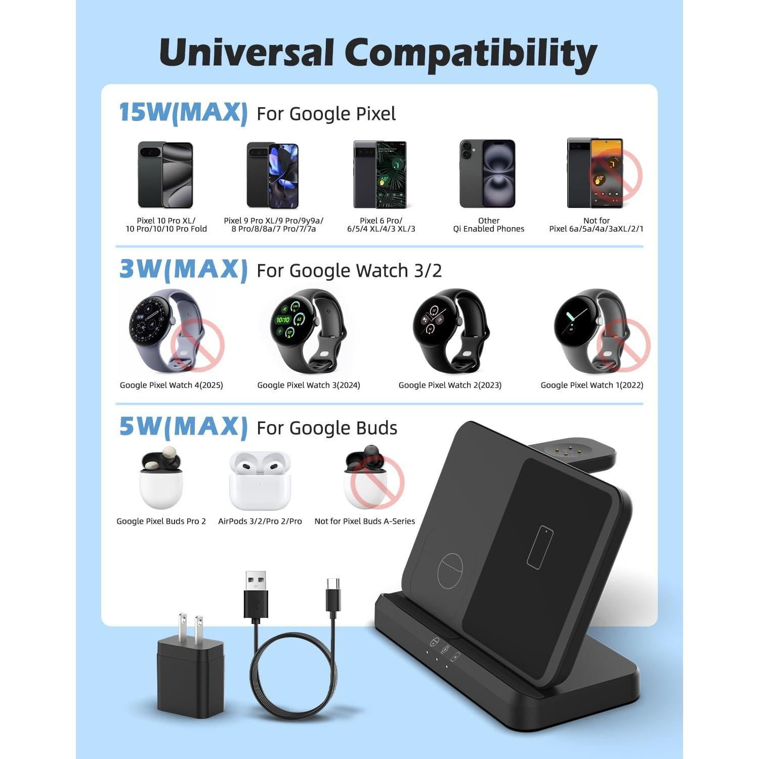 Cargador Inalámbrico 3 en 1 Google Pixel - Estación Plegable
