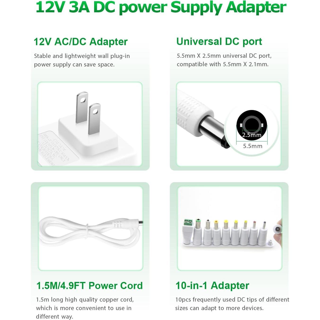 Adaptador de Alimentación AC/DC 12V 3A 36W Blanco con 10 Enchufes