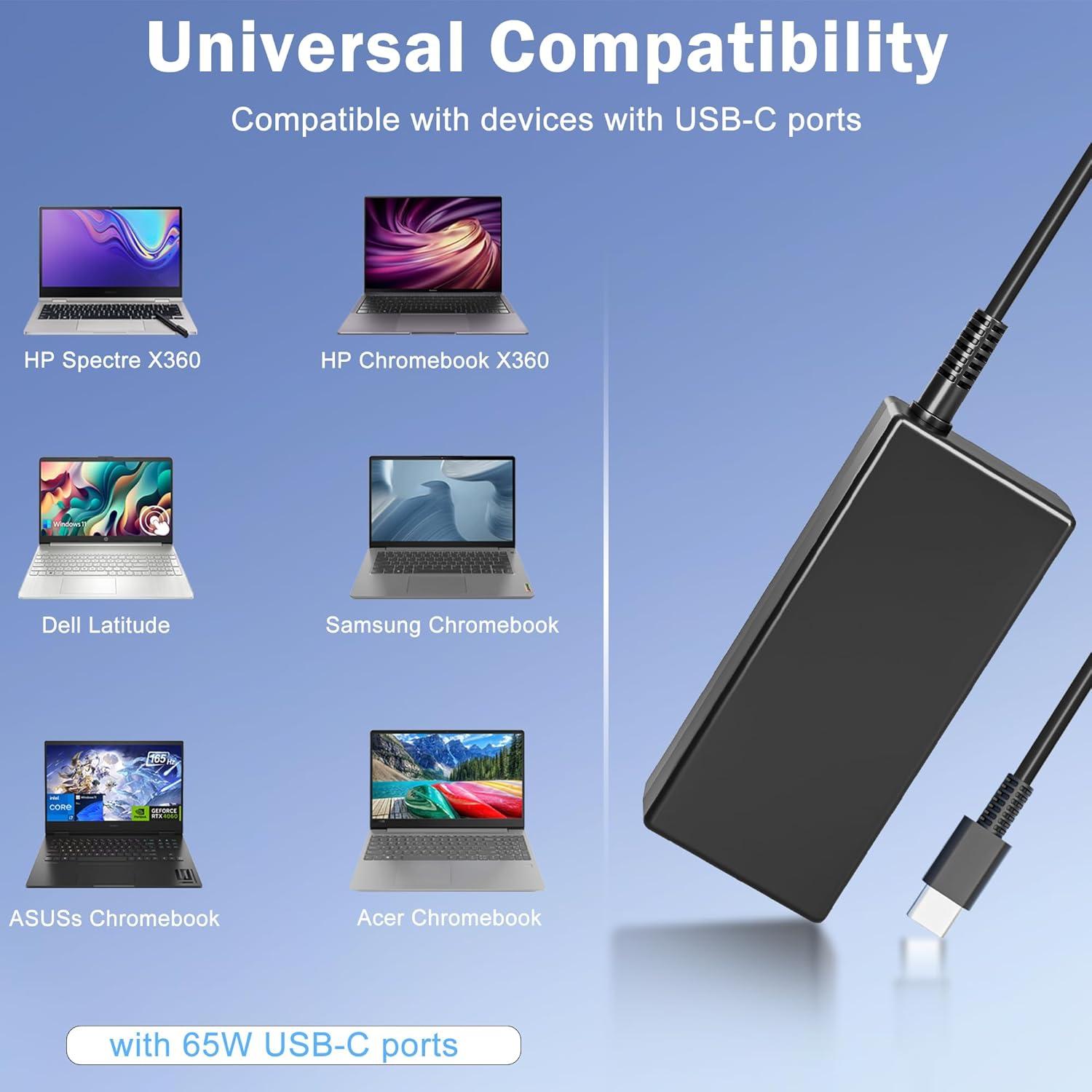 Cargador USB-C 65W para Laptop HP, Dell, Lenovo, Asus