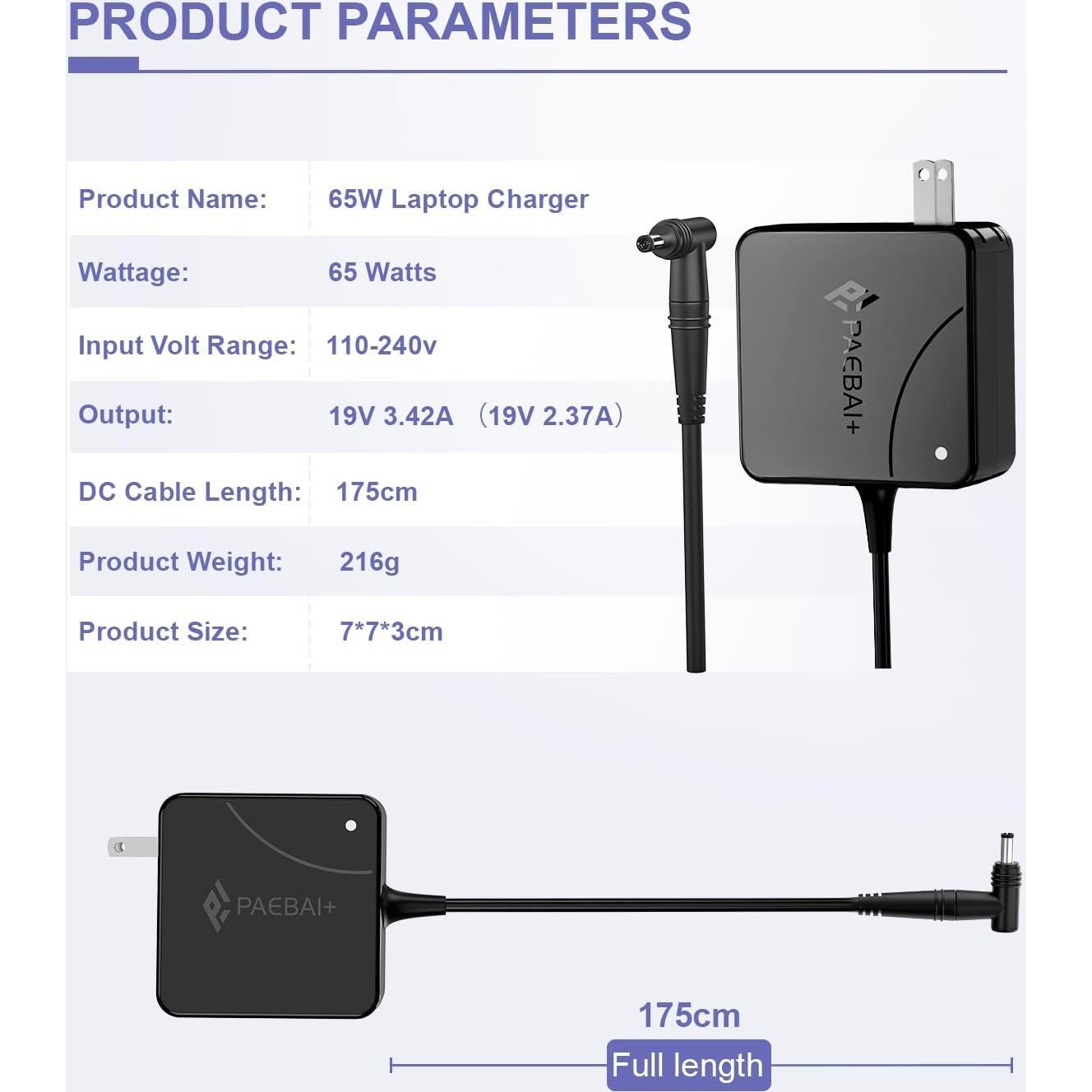 Cargador de Laptop 65W PAEBAI+ para Asus Vivobook Zenbook
