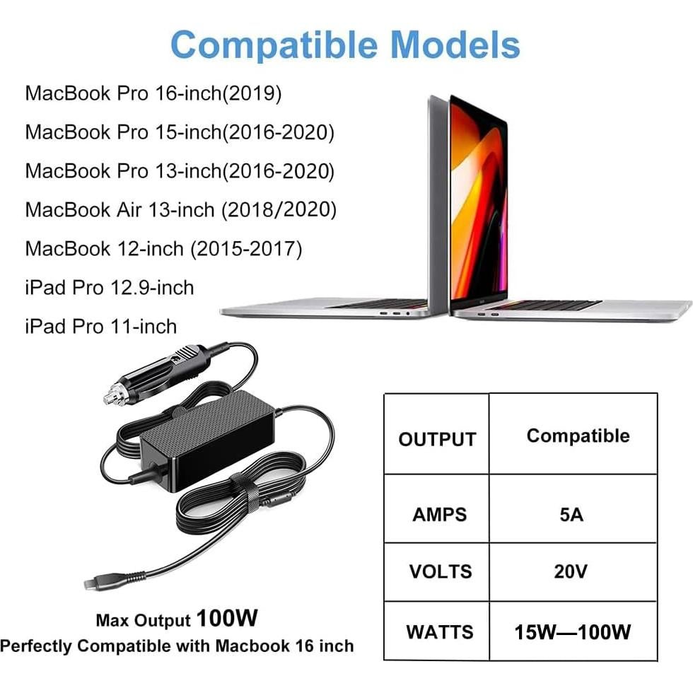 KFD 100W USB C Laptop Car Charger 12V-24V DC Adapter for MacBook Pro/Air,Hp,Dell,Surface,Lenovo Samsung,LG,Acer,Asus Rog G16 Flow X13 Z13,MSI Titan 18 17,DJI Mini 4/Mavic 3/Air 3 Type C Power Supply