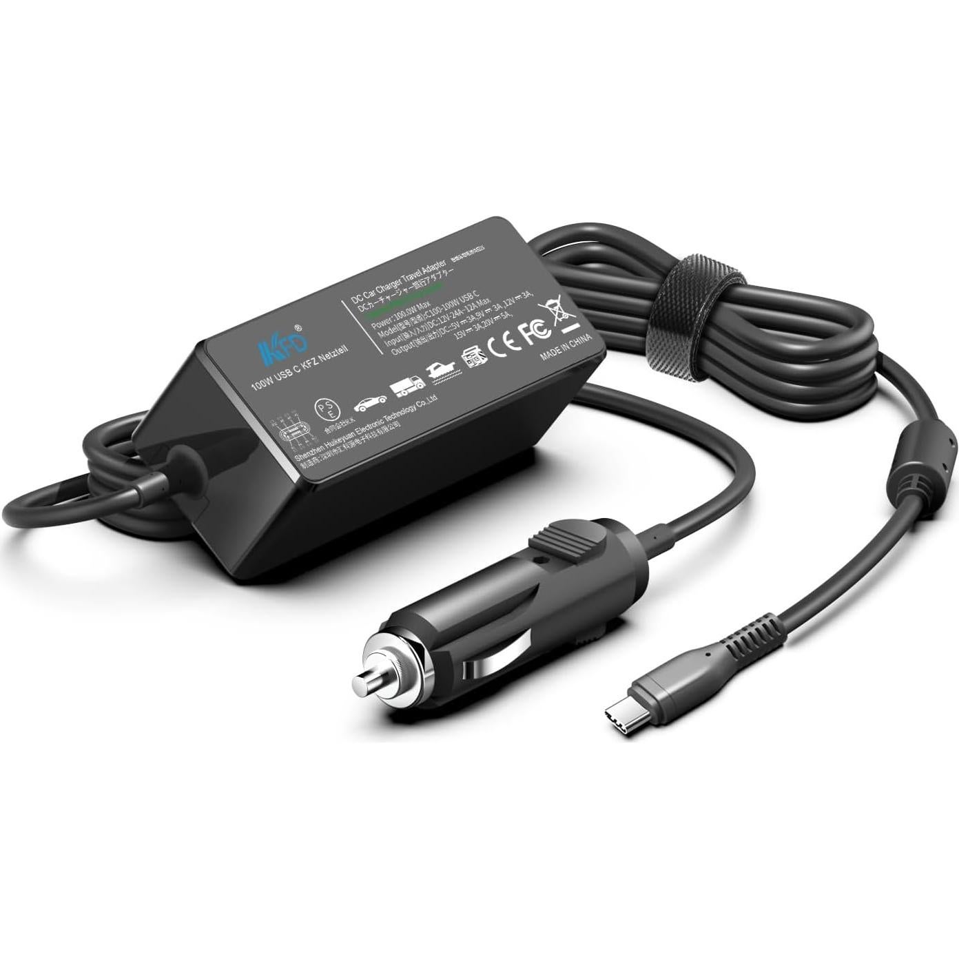 KFD 100W USB C Laptop Car Charger 12V-24V DC Adapter for MacBook Pro/Air,Hp,Dell,Surface,Lenovo Samsung,LG,Acer,Asus Rog G16 Flow X13 Z13,MSI Titan 18 17,DJI Mini 4/Mavic 3/Air 3 Type C Power Supply