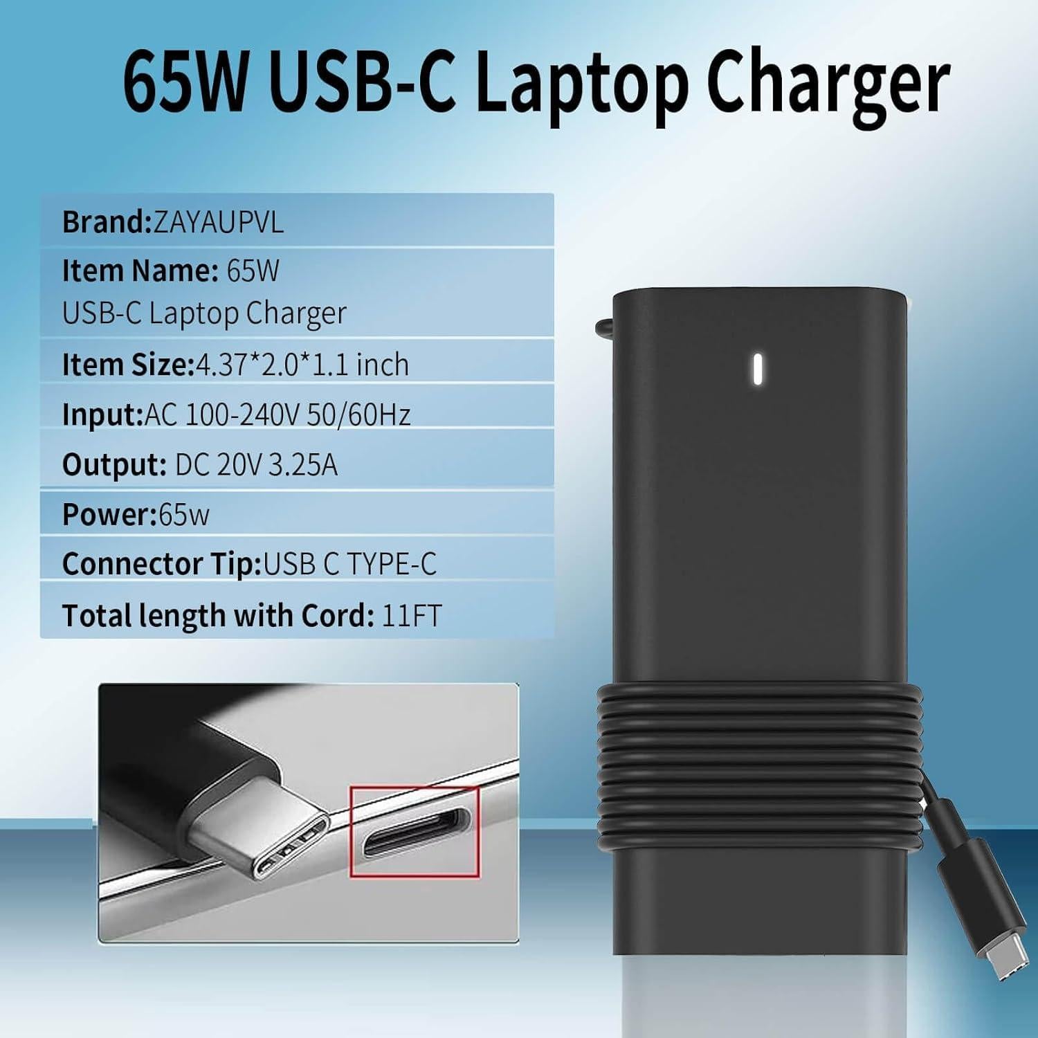 Cargador USB C 65W ZAYAUPVL para Laptop Dell XPS Latitude