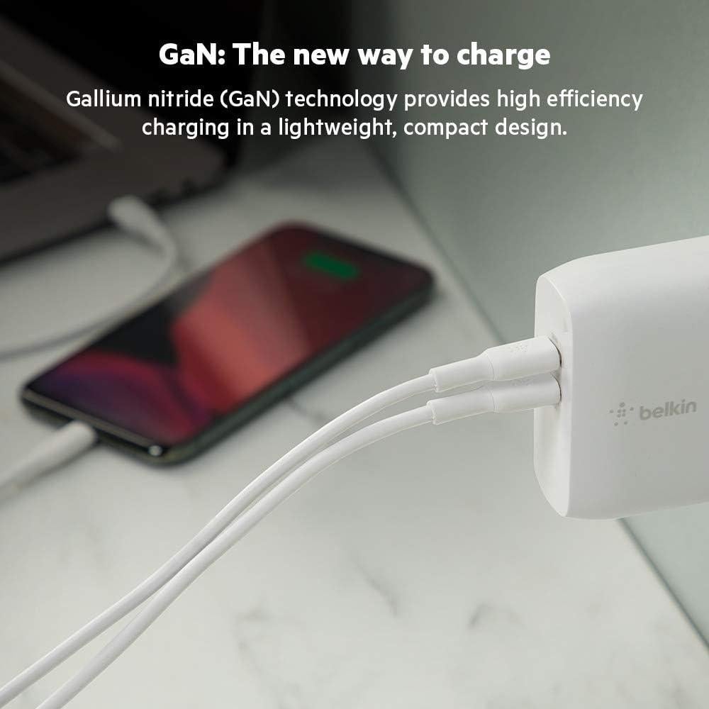 Cargador USB-C Doble Puerto Belkin 68W Carga Rápida GaN Blanco