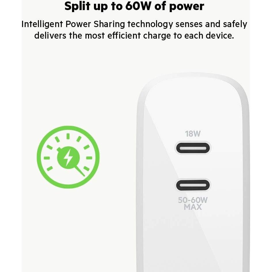 Cargador USB-C Doble Puerto Belkin 68W Carga Rápida GaN Blanco