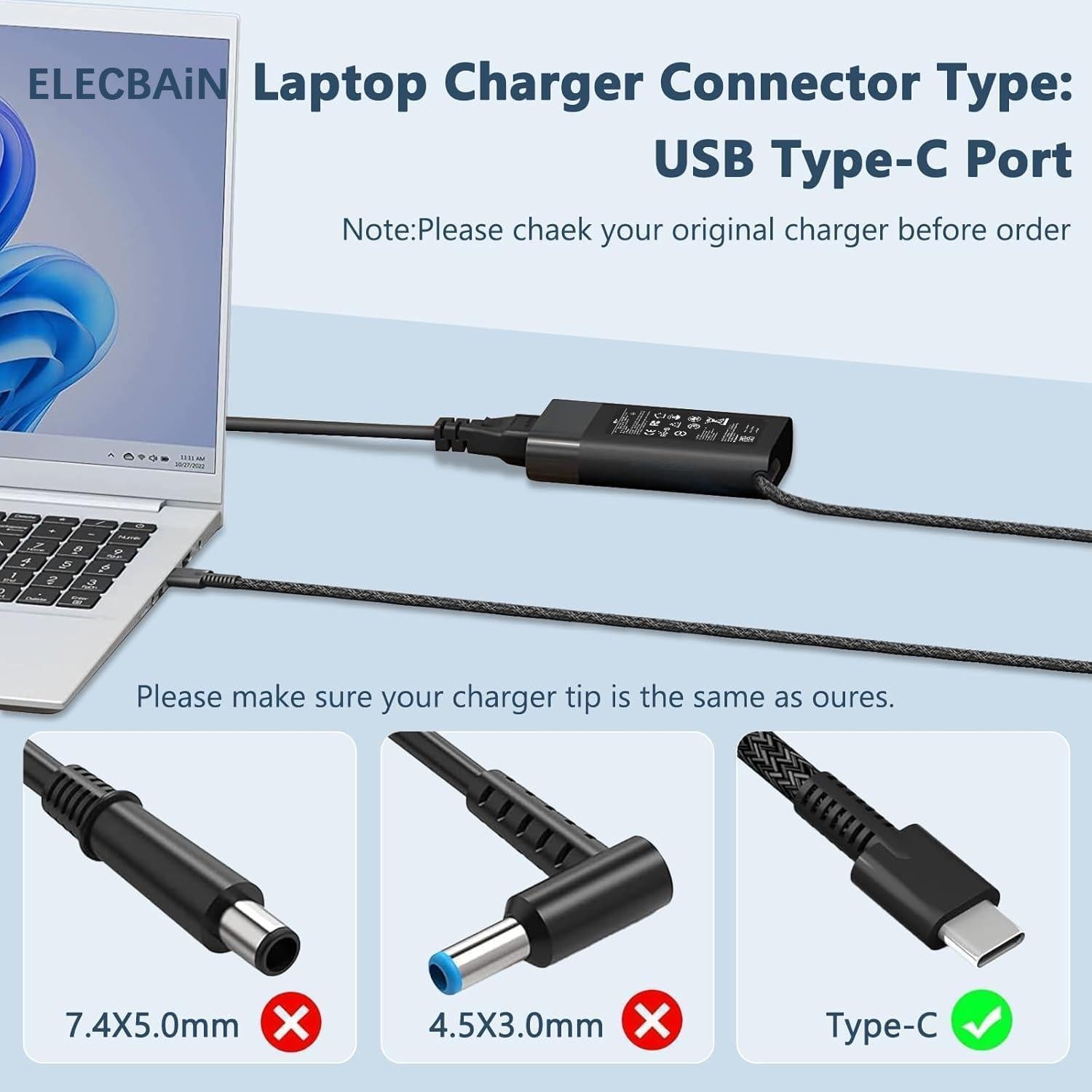 Cargador USB C 65W ELECBRAiN para Laptop HP Spectre Envy