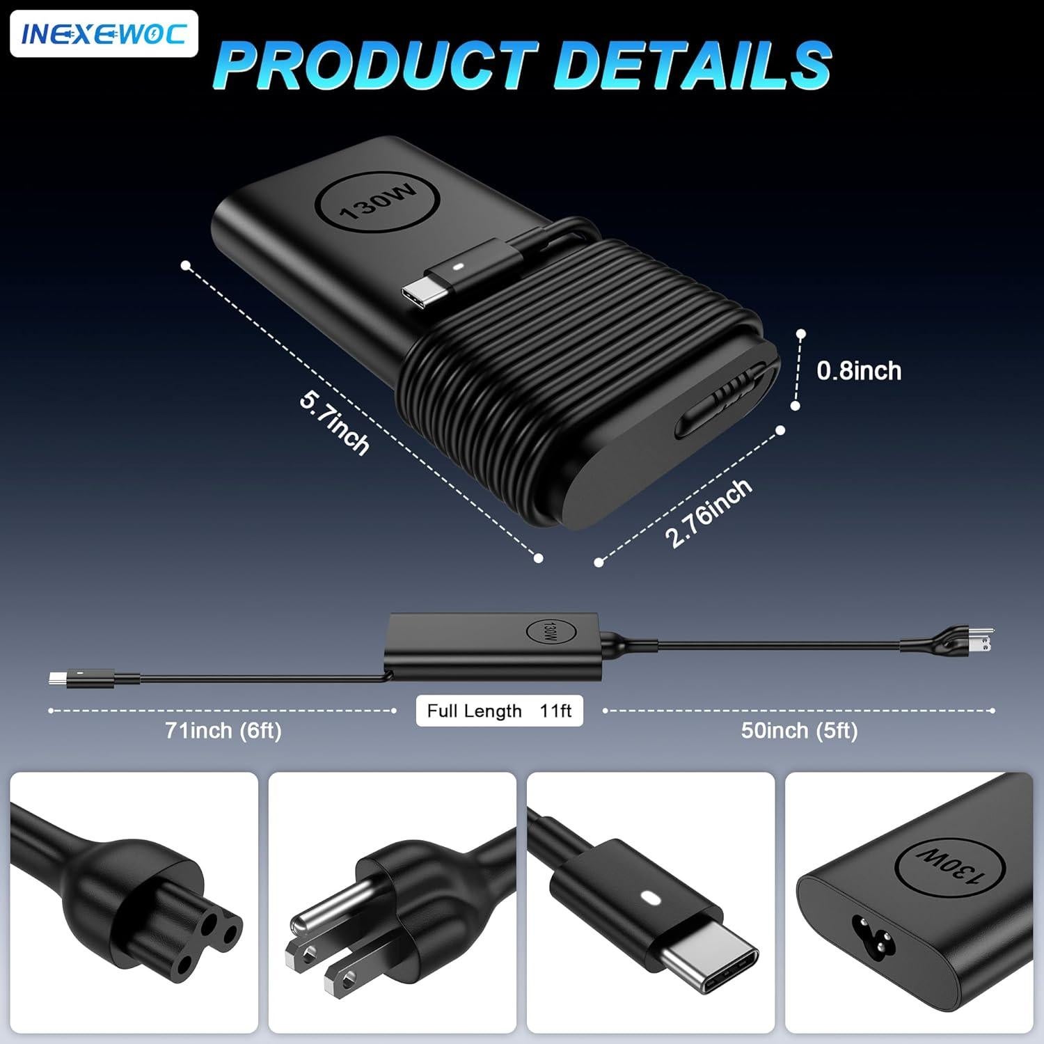Cargador USB C 130W INEXEWOC para Laptop Dell XPS Precision Latitude